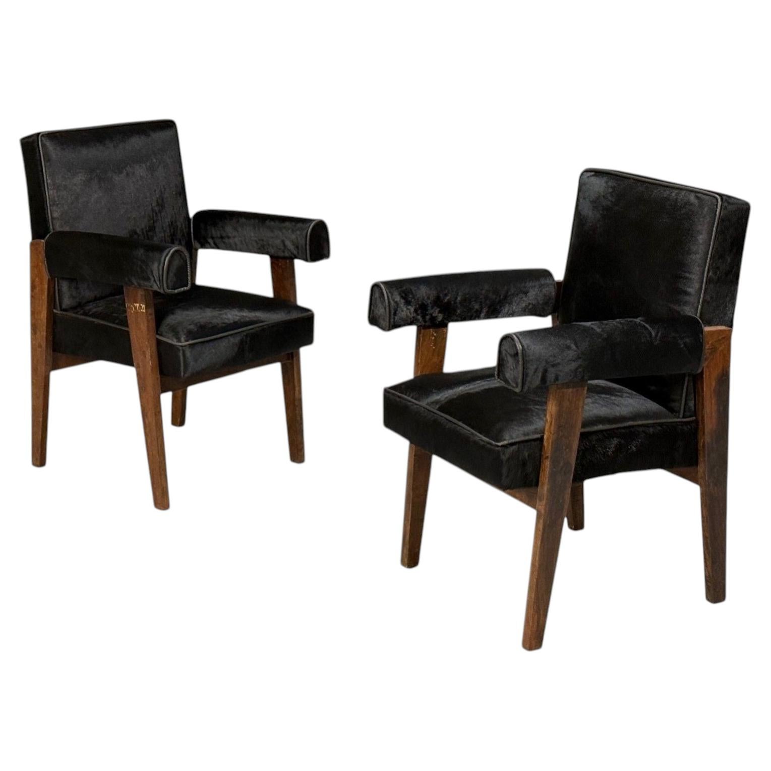 Pierre Jeanneret, Advocate Armchairs, Black Cowhide, Teak, Chandigarh, 1960s