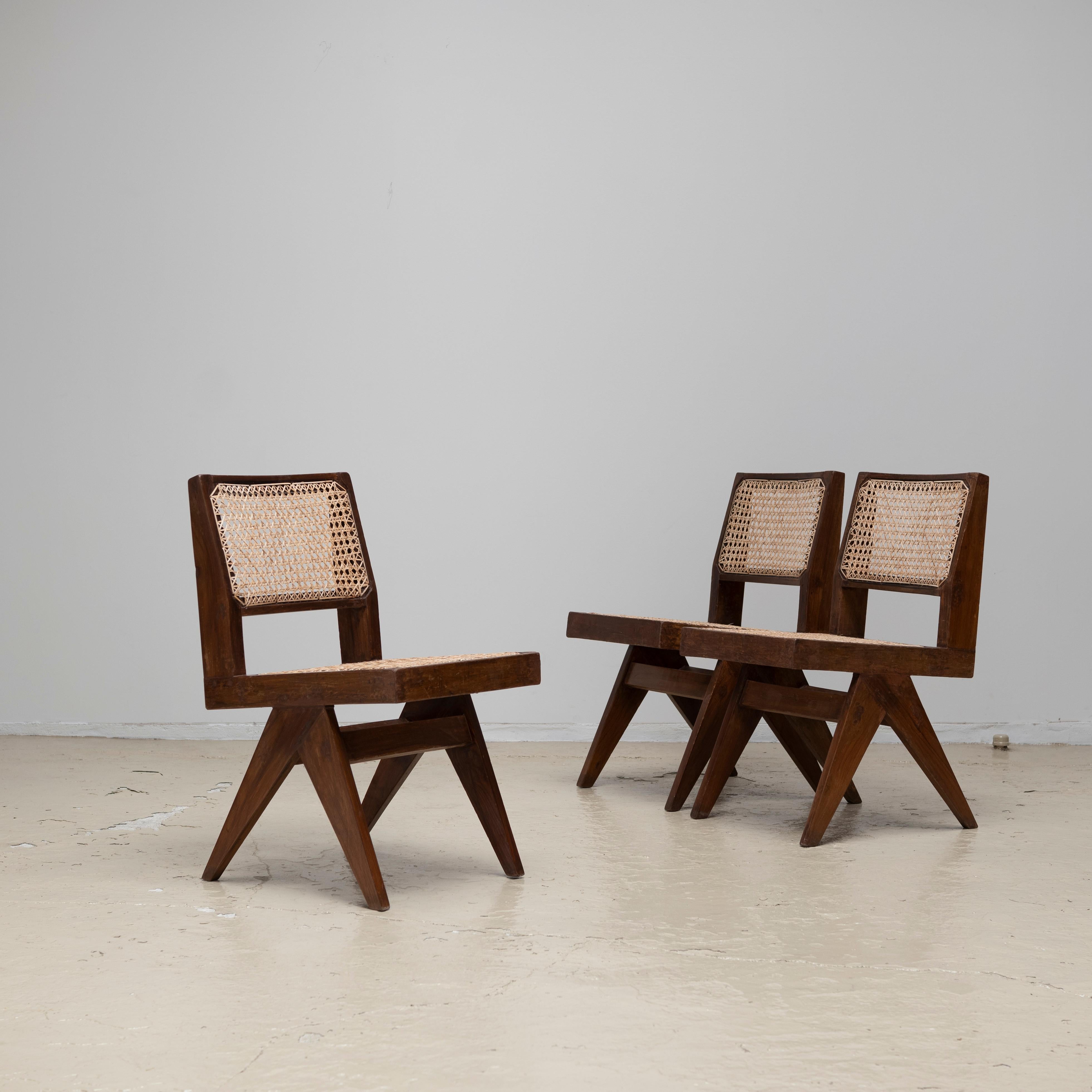 Armless dining chairs designed by Pierre Jeanneret
Sold individually.
Provenance: Panjab University Boys Hostel, Chandigarh, India