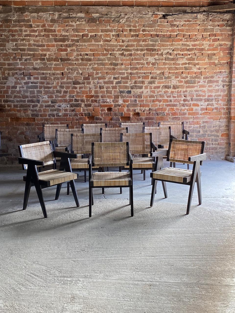 Indian Pierre Jeanneret ‘Black’ Dining Chairs Set of 12 Certificate by Jacques Dworczak For Sale
