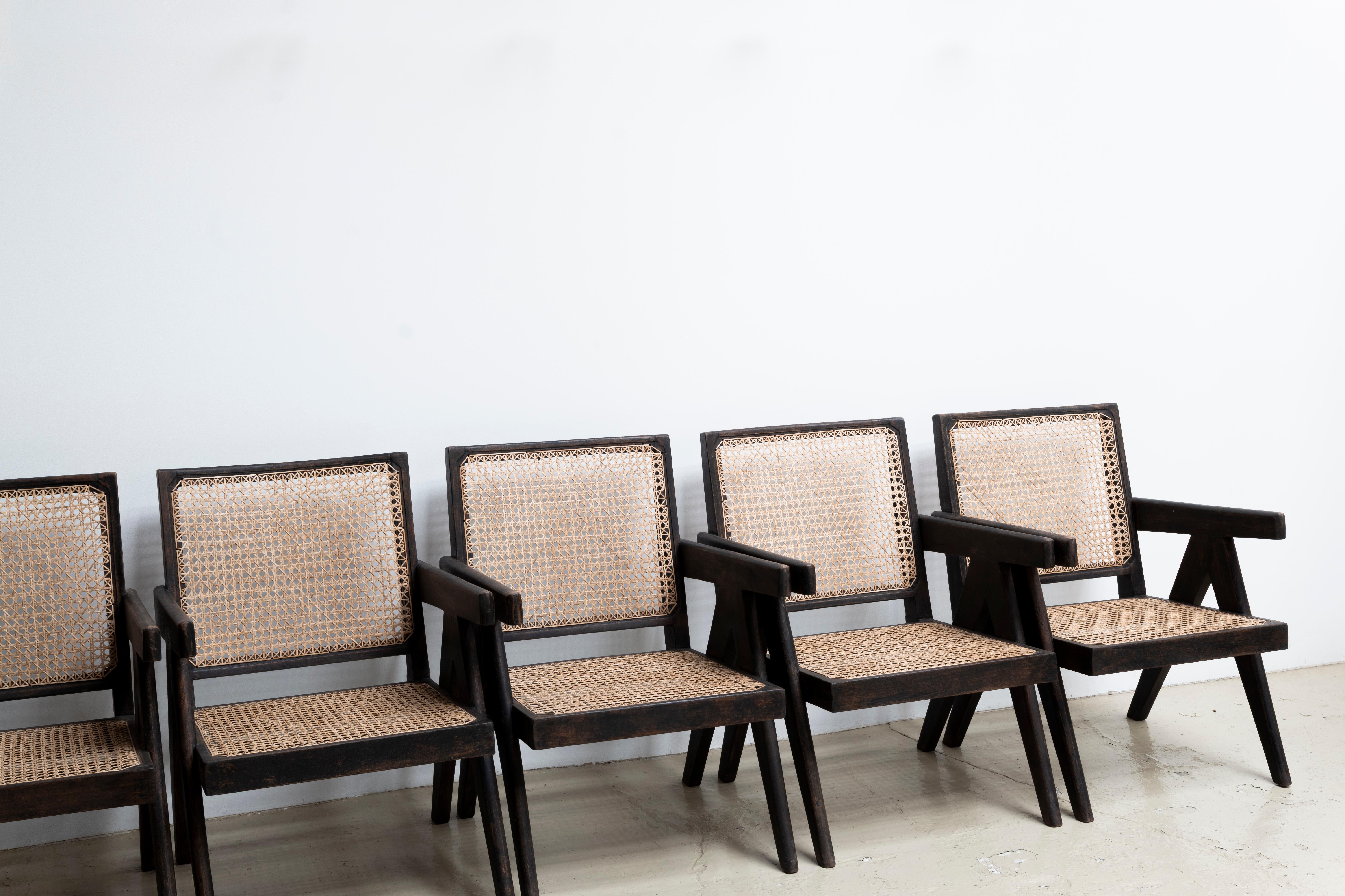 Pierre Jeanneret Black Easy Armchairs, Set of Six, Circa1955-56s In Good Condition In Edogawa-ku Tokyo, JP
