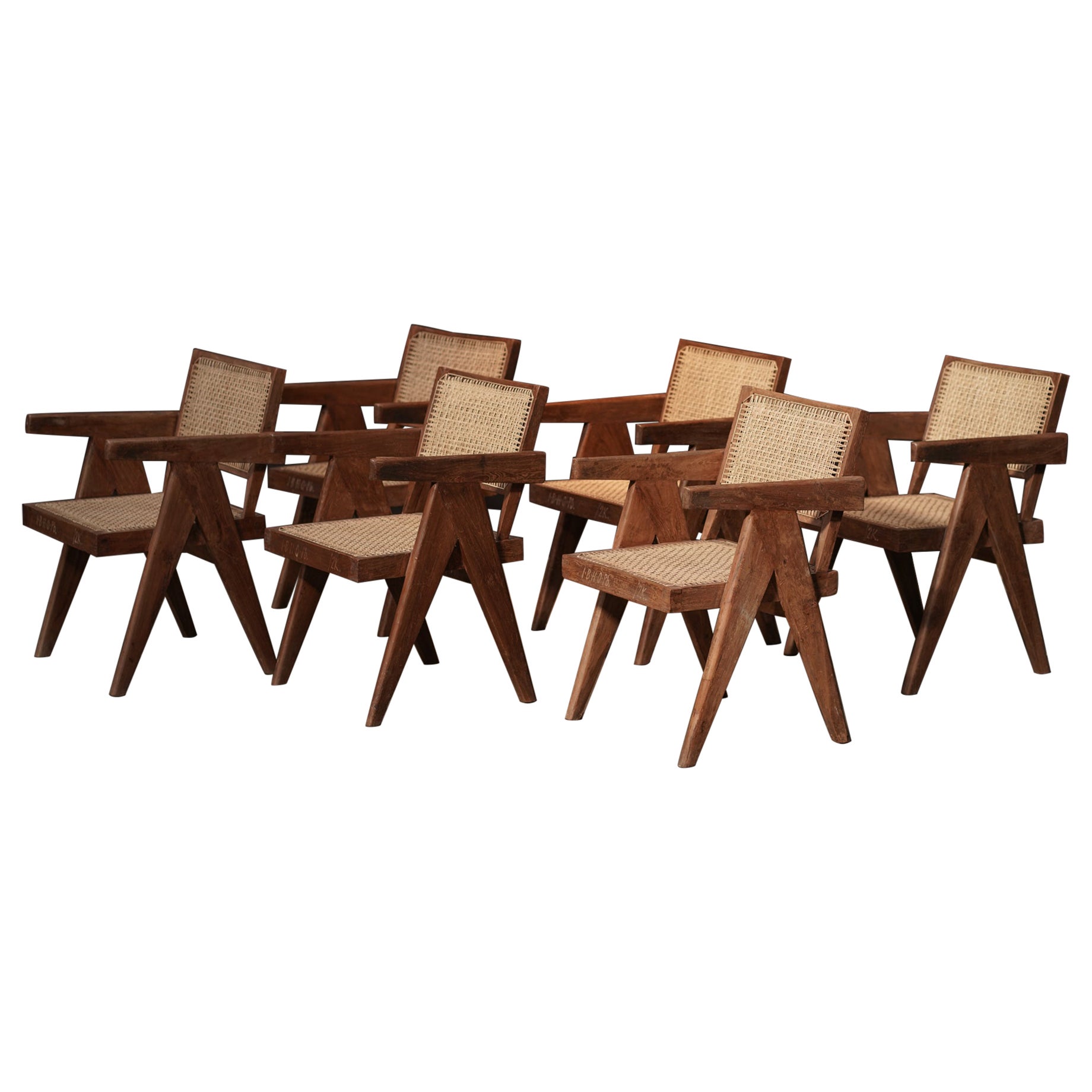 Pierre Jeanneret Mid-Century Dining Chairs, Cane & Teak, 1959