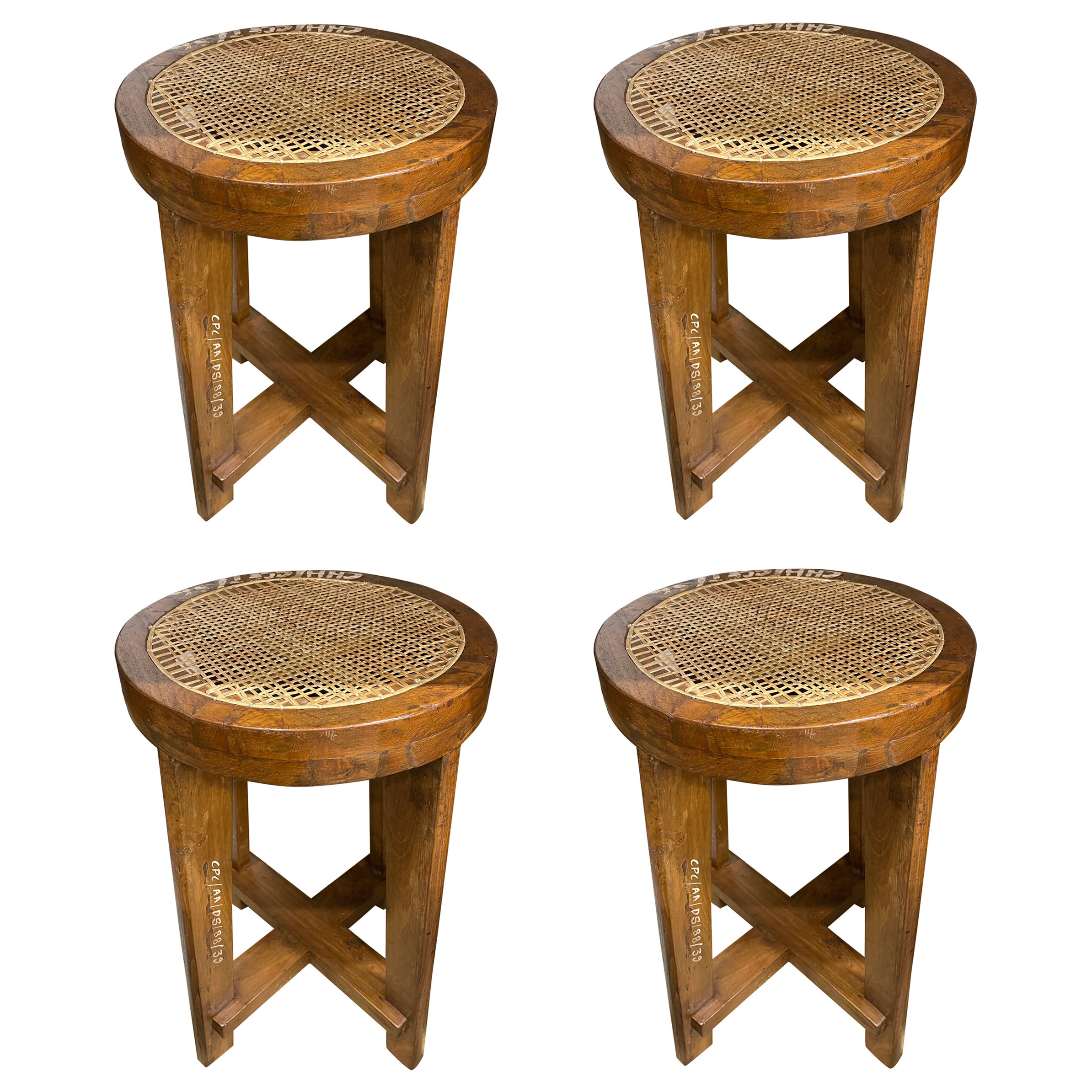 Pierre Jeanneret Cane Stools, Set of 4 For Sale