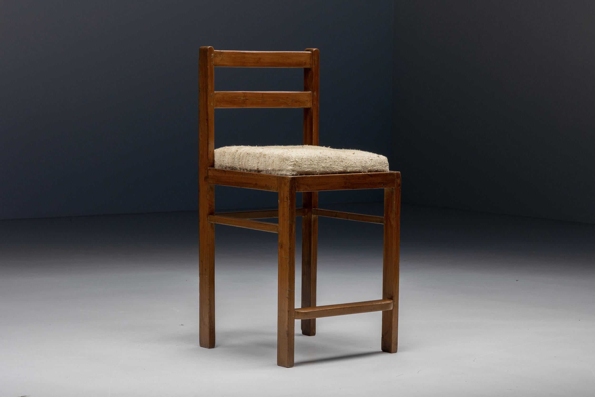 Mid-Century Modern Pierre Jeanneret Chandigarh Prototype Stool, Woven Linen Seating, India, 1960's For Sale