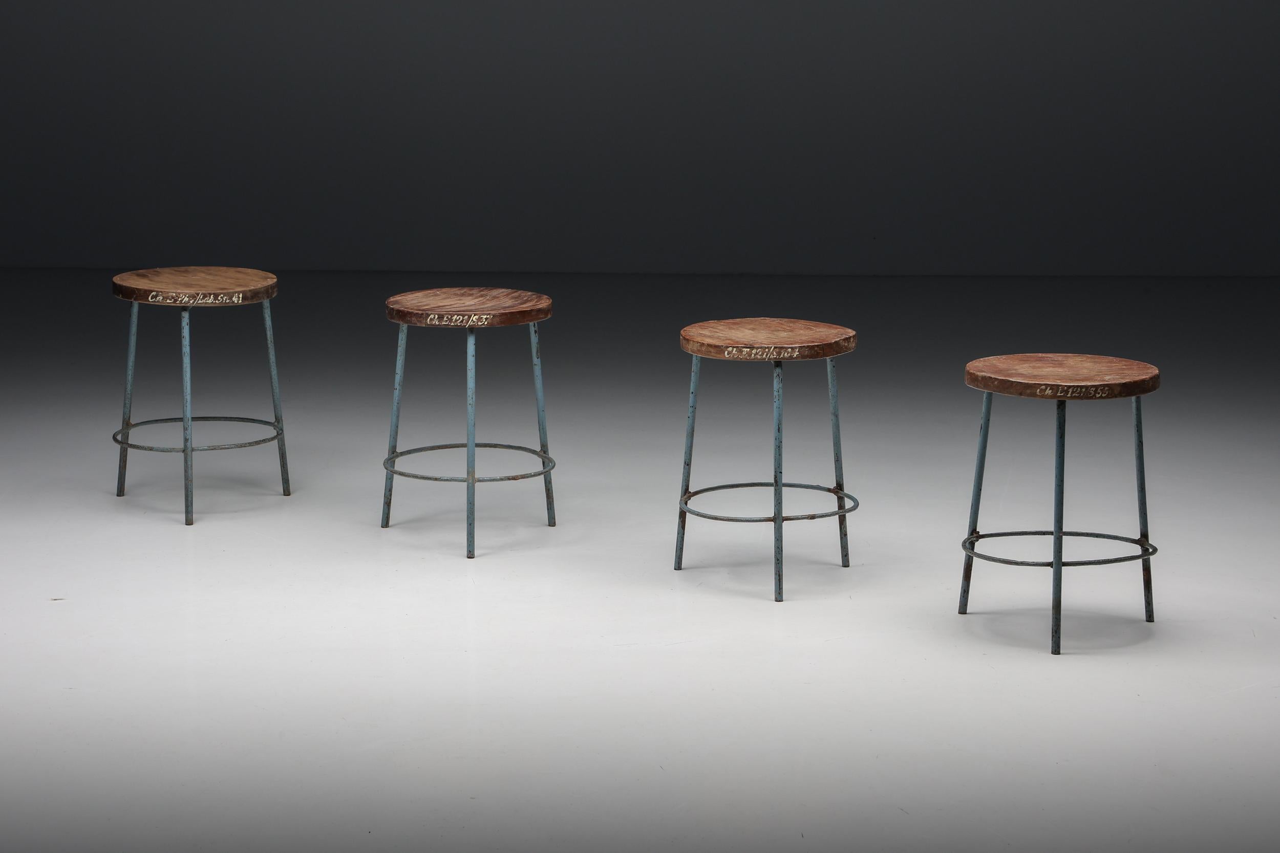 Pierre Jeanneret Chandigarh Stools, Metal & Wood, India, Patina, 1960's 5