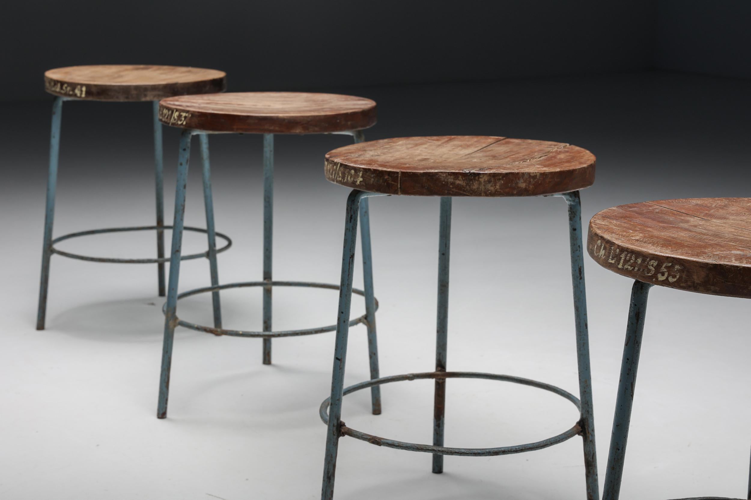 Pierre Jeanneret Chandigarh Stools, Metal & Wood, India, Patina, 1960's 6