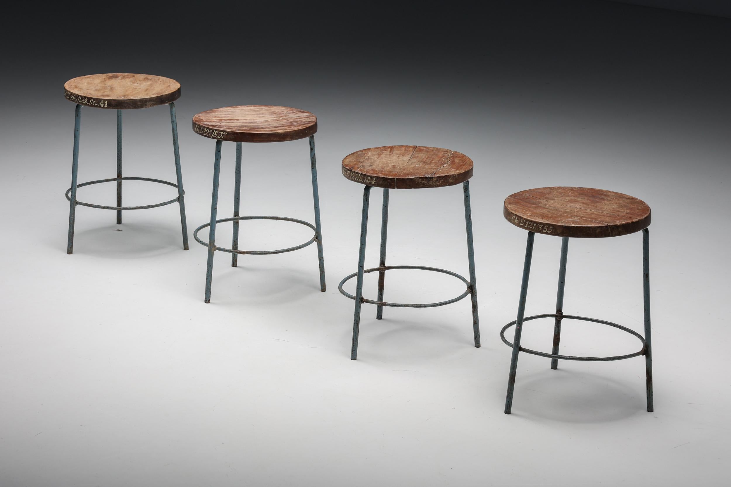 Pierre Jeanneret Chandigarh Stools, Metal & Wood, India, Patina, 1960's 9