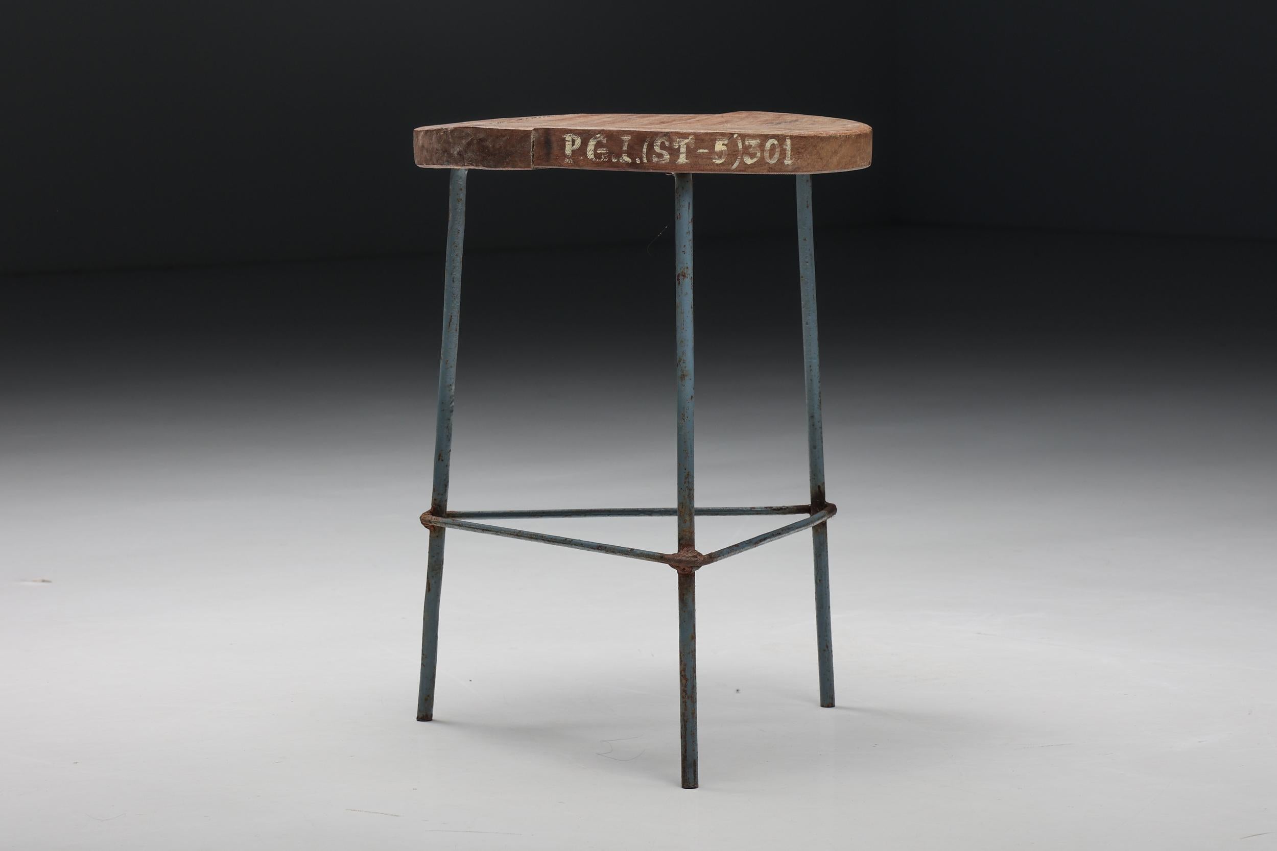 Mid-20th Century Pierre Jeanneret Chandigarh Stools, Metal & Wood, India, Patina, 1960's