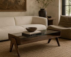Pierre Jeanneret, table basse, teck, verre, Chandigarh, Inde, années 1960