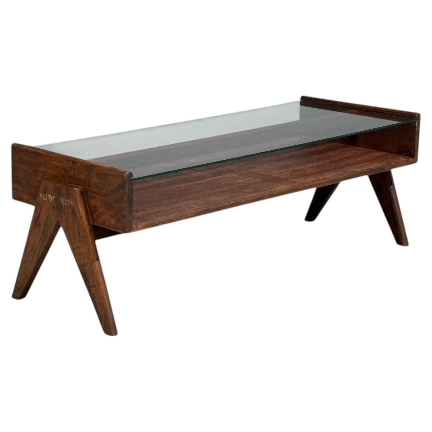 Pierre Jeanneret, Coffee Table, Teak, Glass, Chandigarh, India, 1960s For Sale