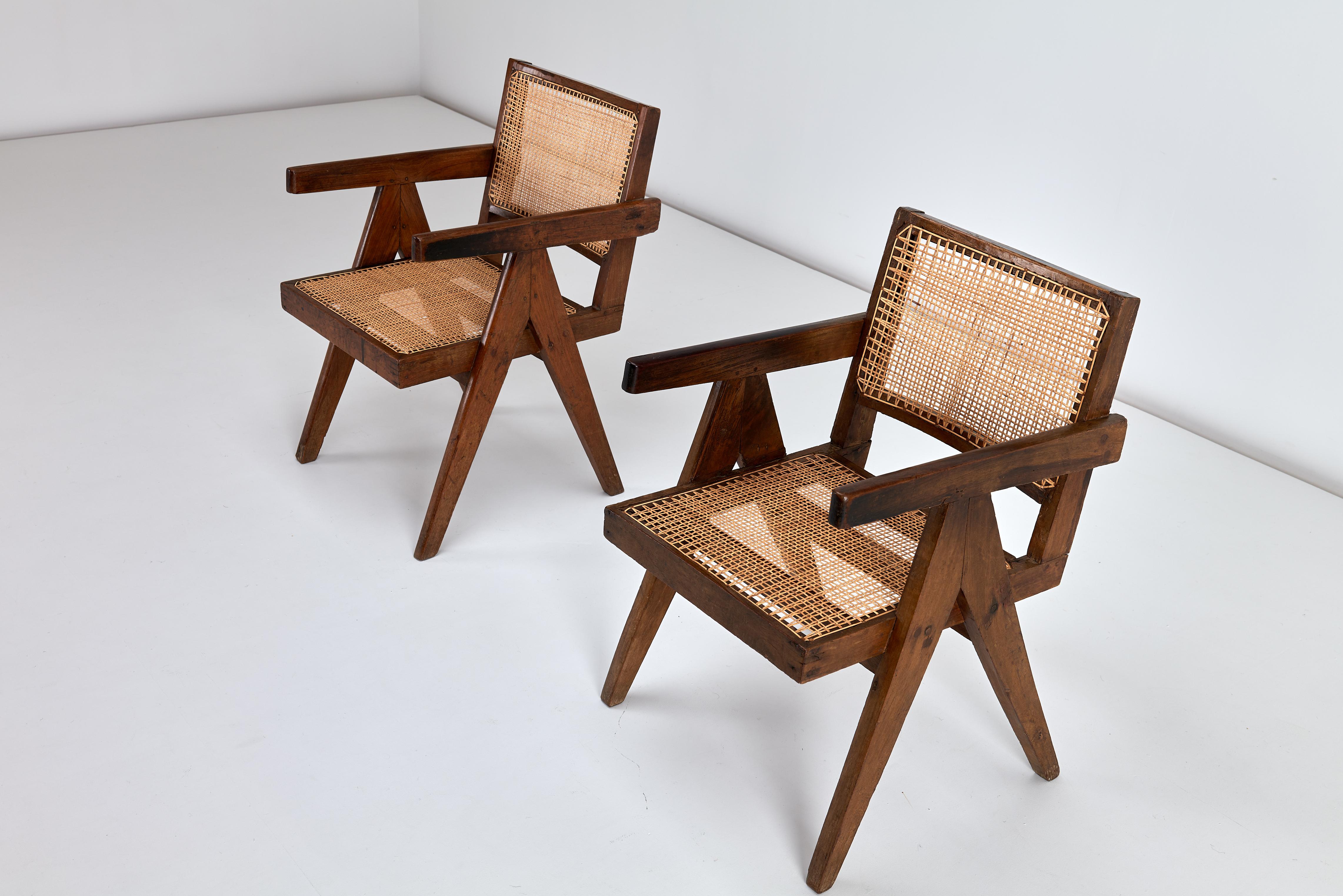 2 x Pierre Jeanneret Conference Armchairs in Indian Rosewood & Cane Chadigarh In Good Condition For Sale In Uxbridge, GB