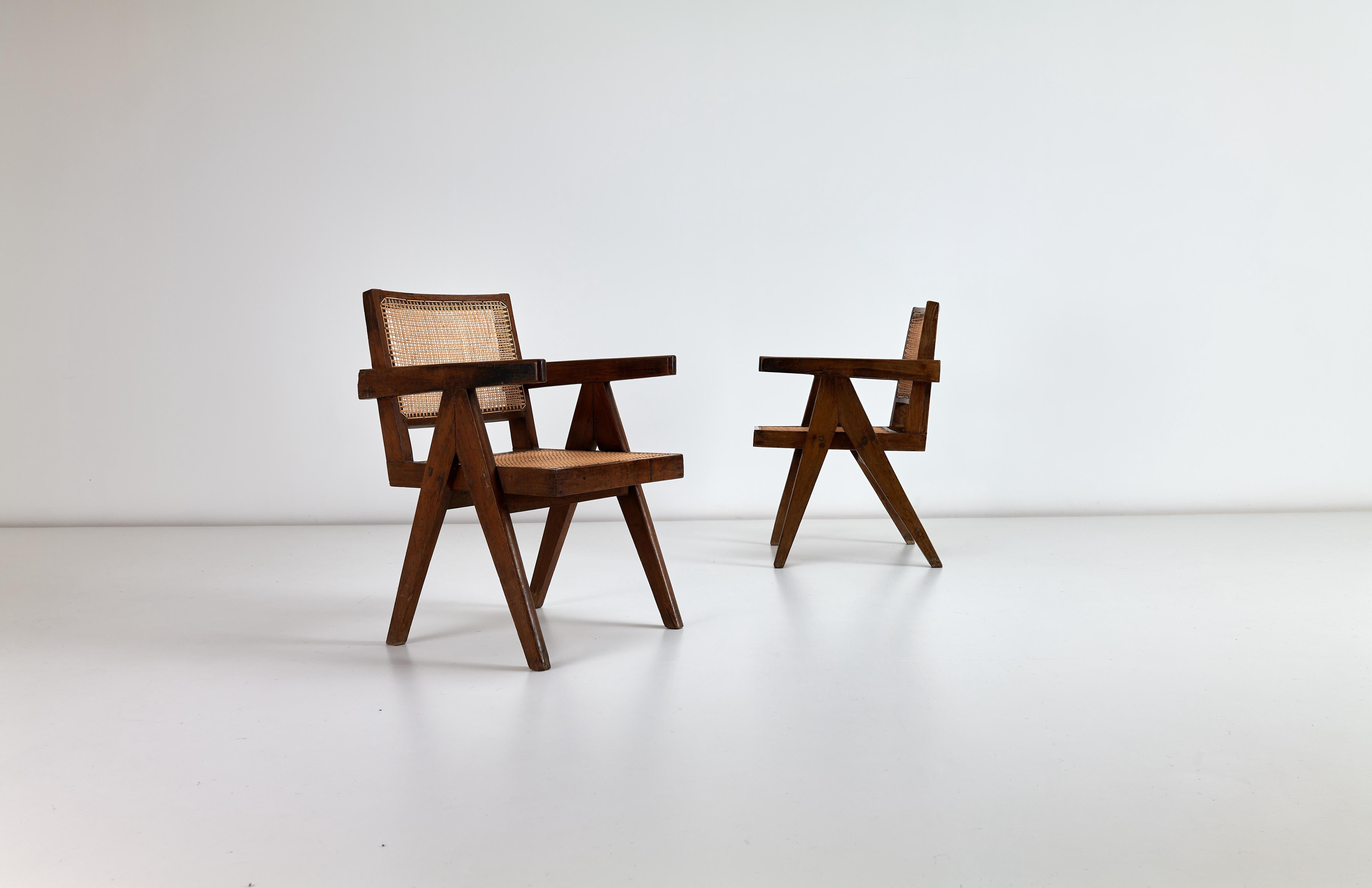 20th Century 2 x Pierre Jeanneret Conference Armchairs in Indian Rosewood & Cane Chadigarh For Sale