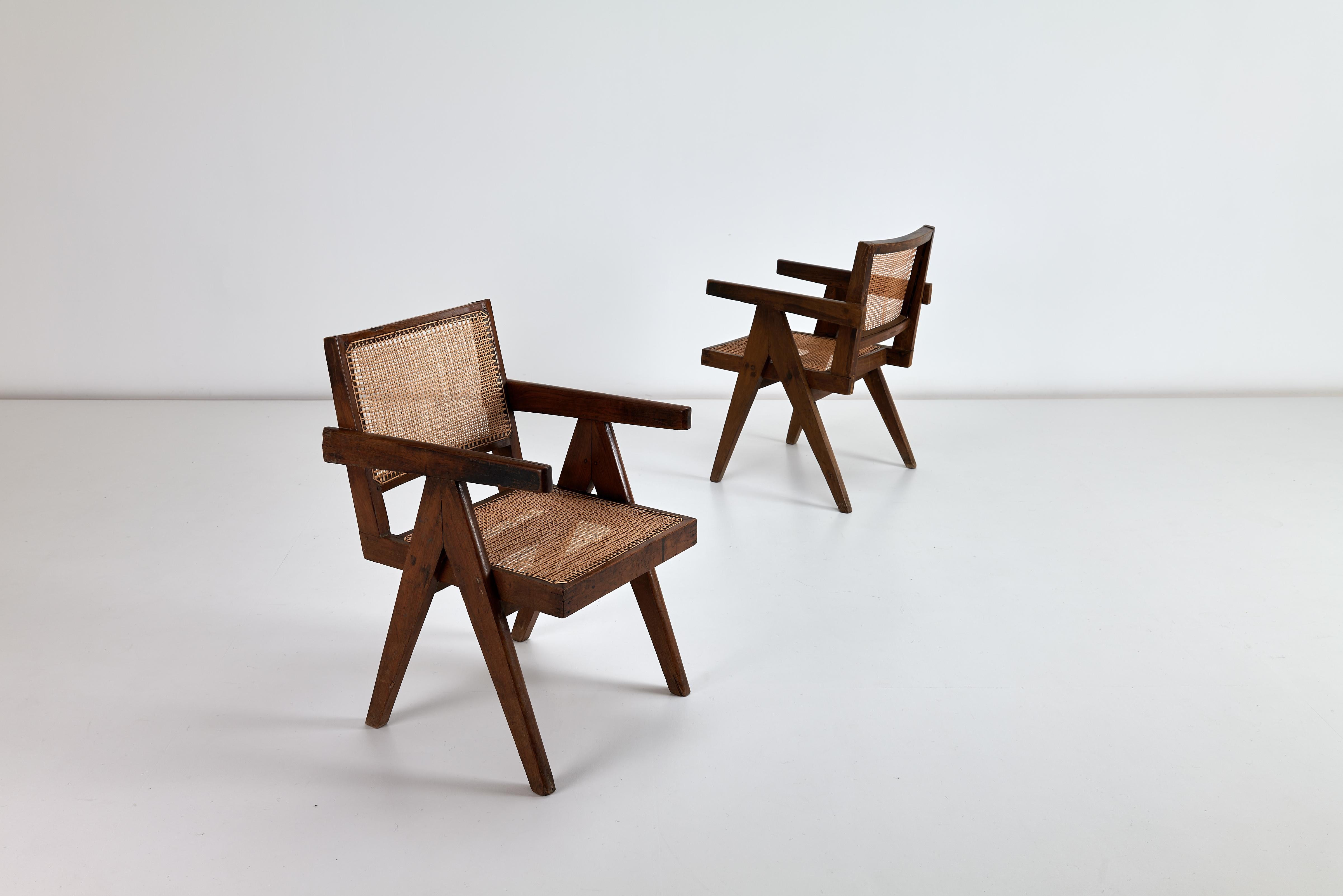 2 x Pierre Jeanneret Conference Armchairs in Indian Rosewood & Cane Chadigarh For Sale 1