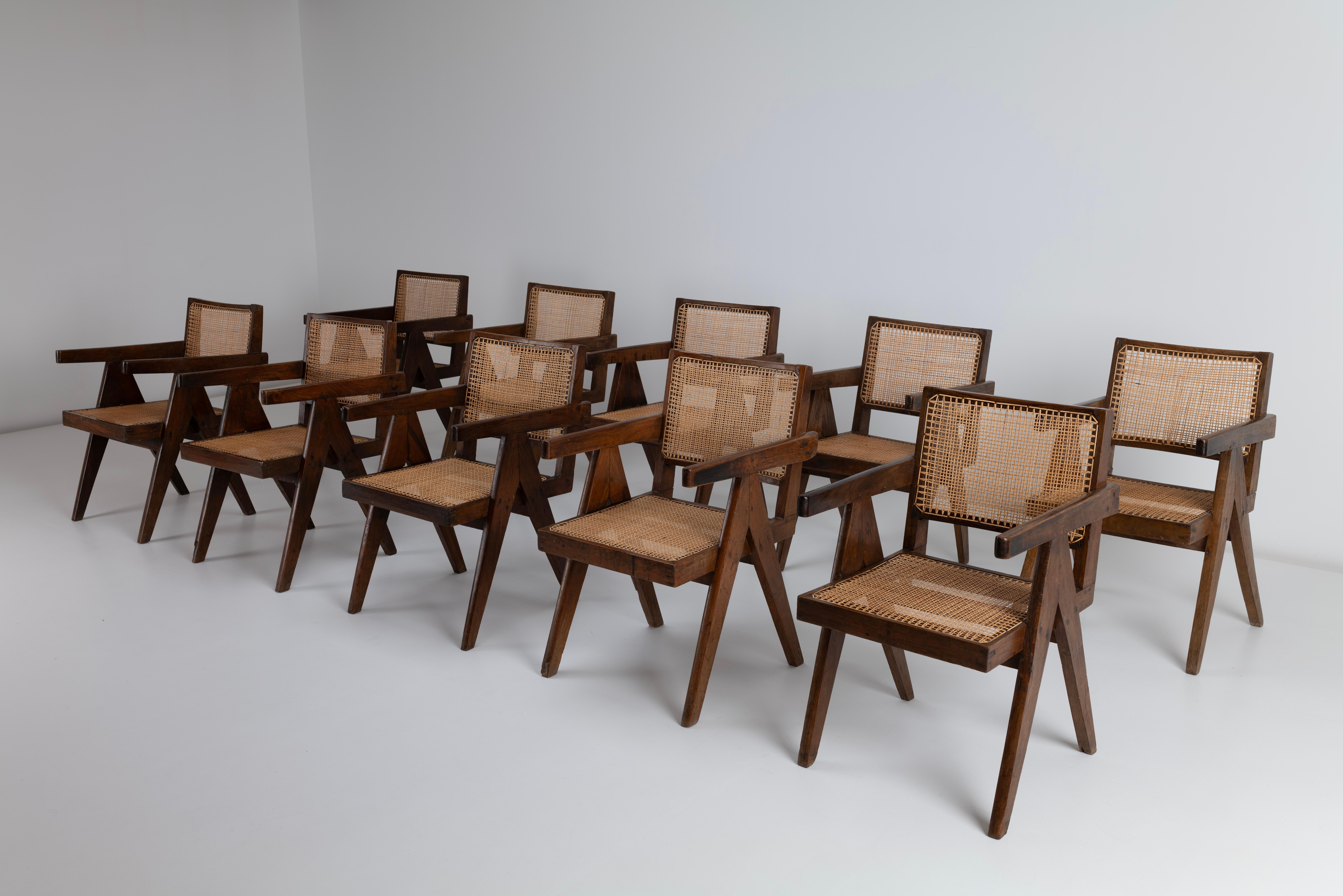20th Century Pierre Jeanneret, Set of 10 Rosewood, Conference Armchairs from Chandigarh India