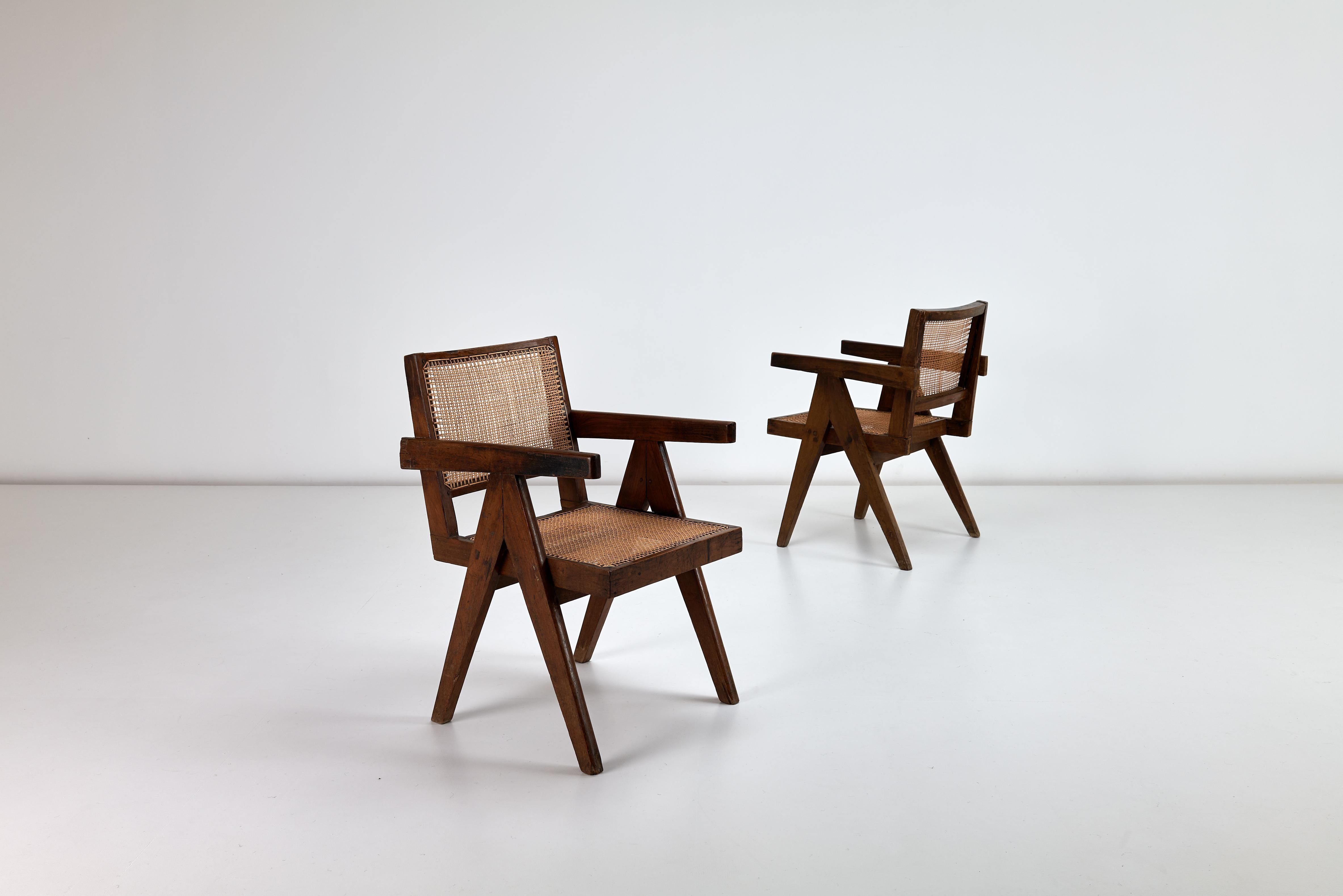2 x Pierre Jeanneret Conference Armchairs in Indian Rosewood & Cane Chadigarh For Sale 2