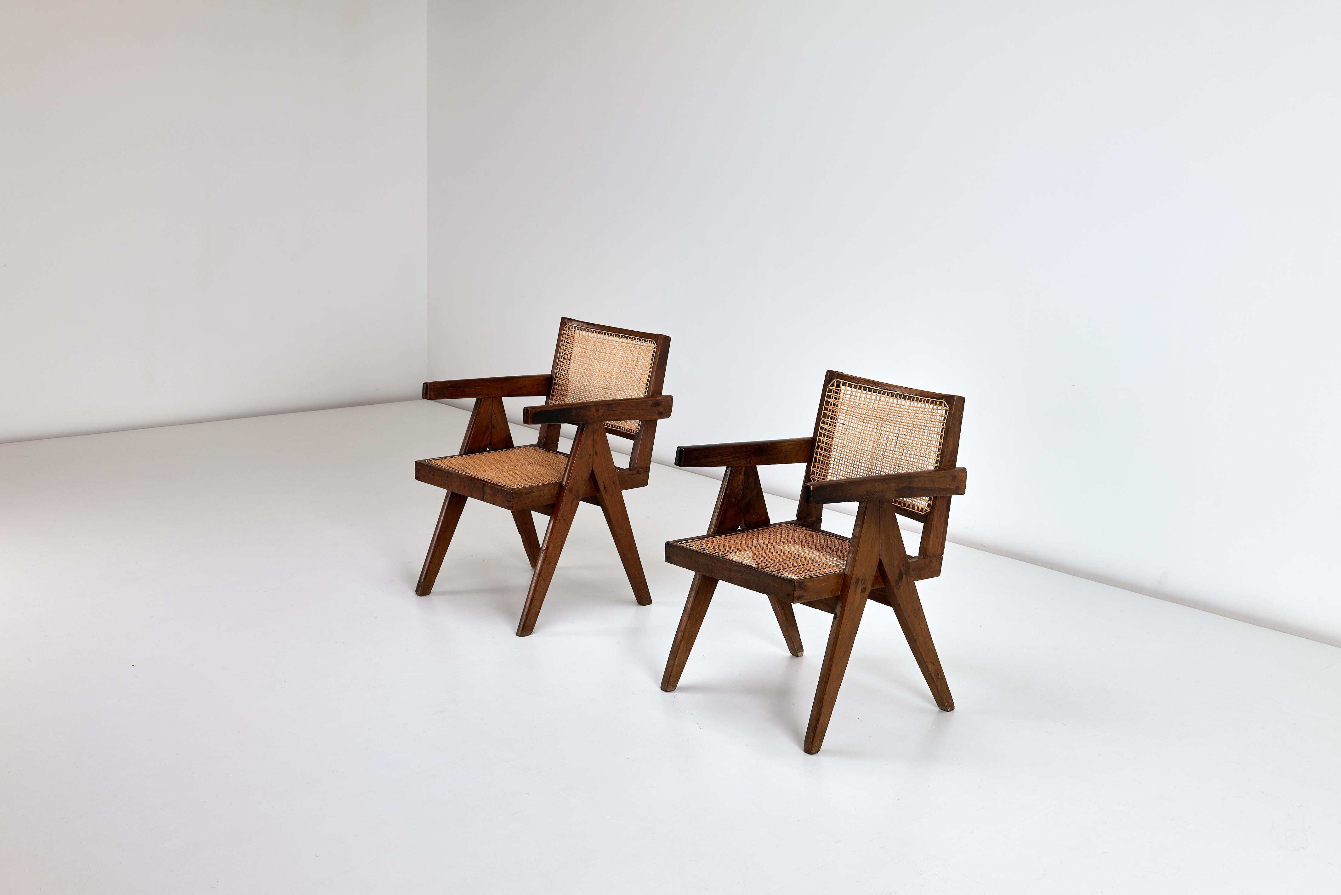 2 x Pierre Jeanneret Conference Armchairs in Indian Rosewood & Cane Chadigarh For Sale 3