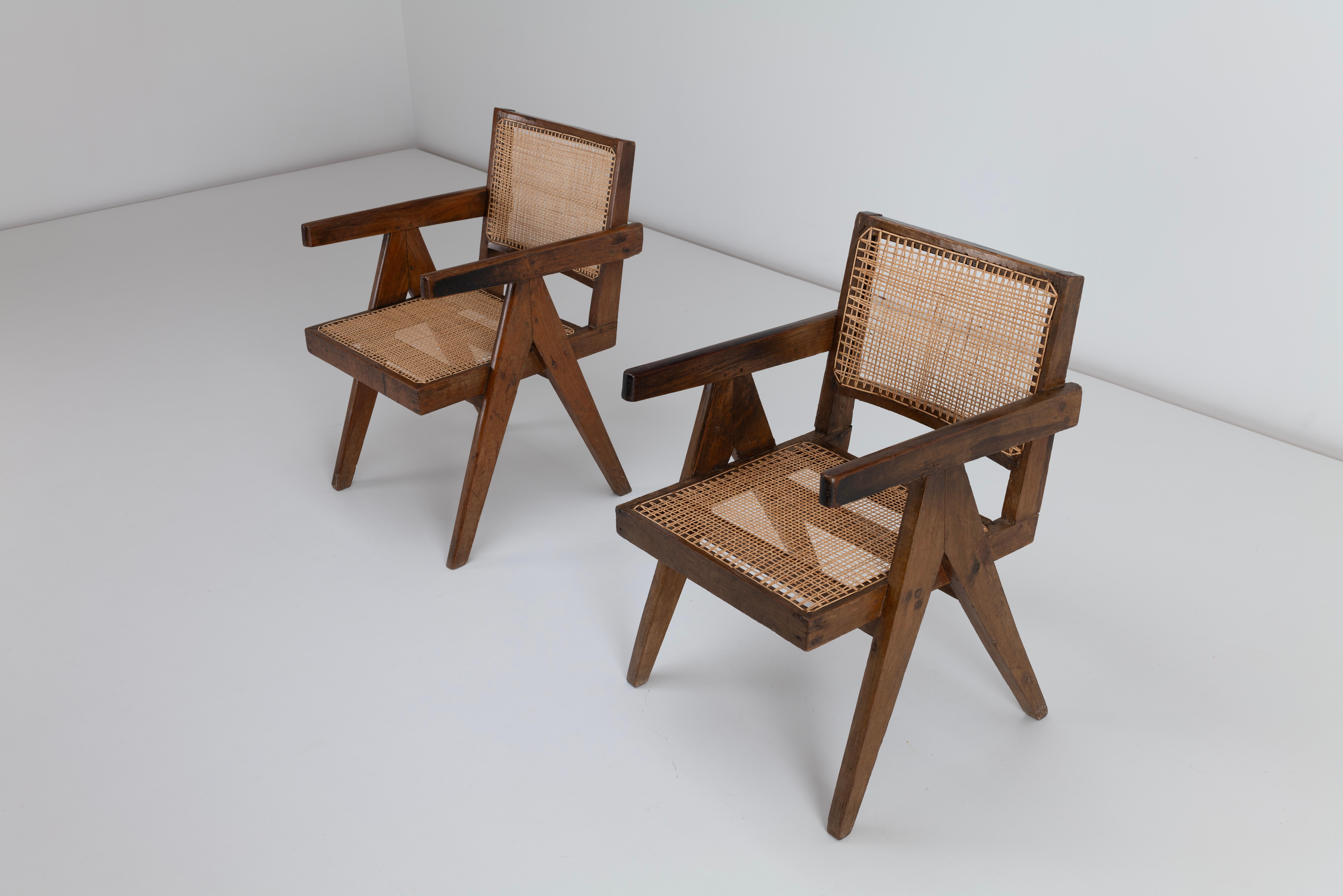 2 x Pierre Jeanneret Conference Armchairs in Indian Rosewood & Cane Chadigarh For Sale 5