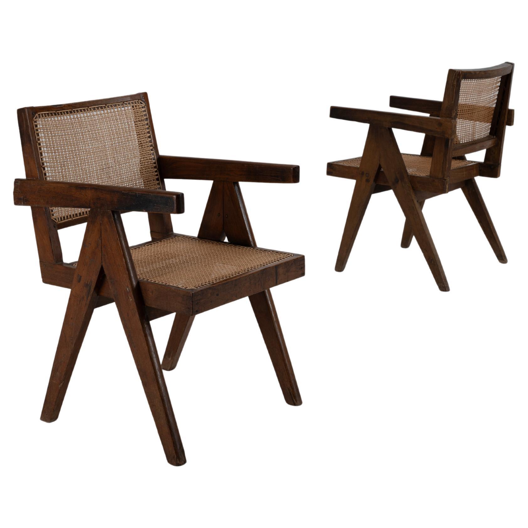 2 x Pierre Jeanneret Conference Armchairs in Indian Rosewood & Cane Chadigarh For Sale