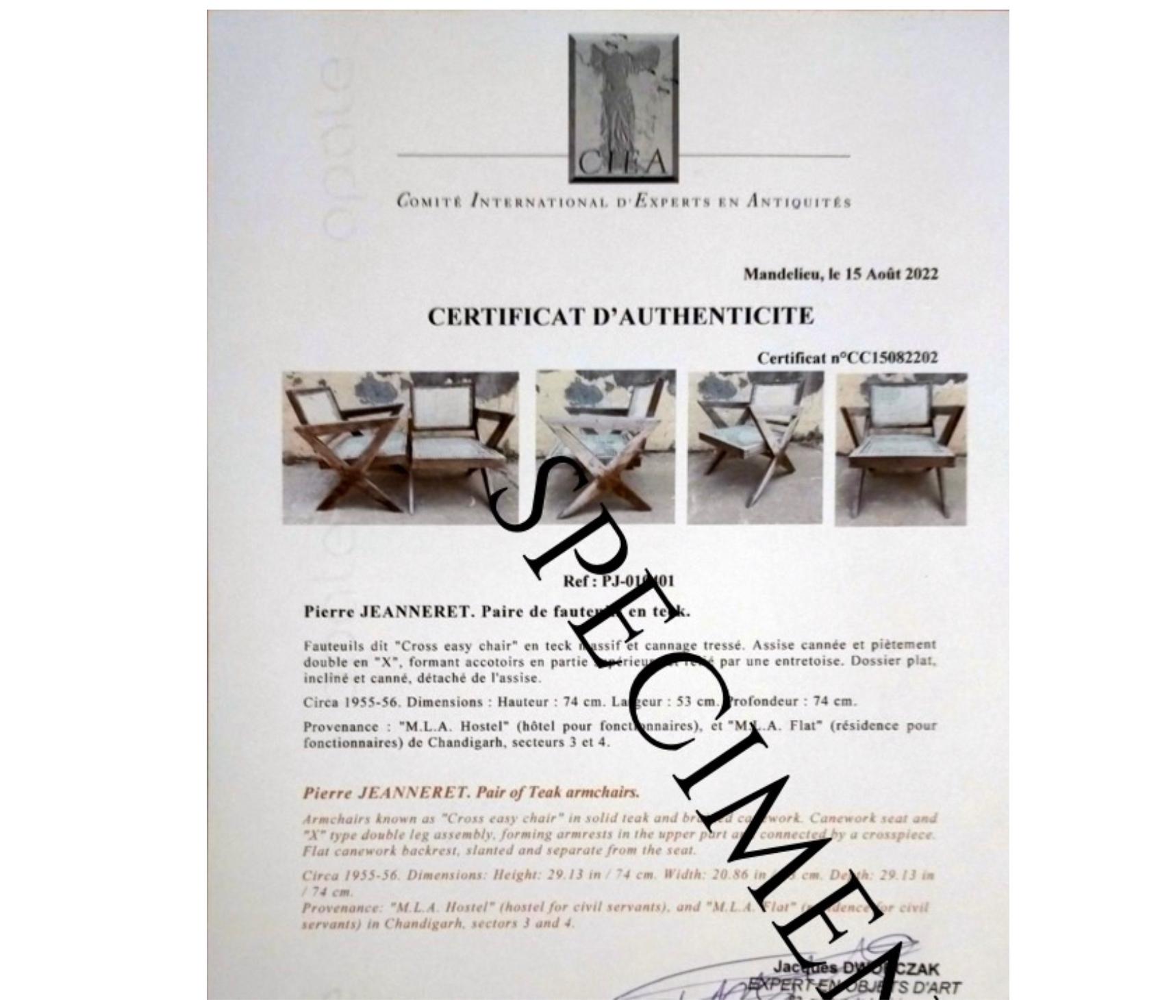 Mid-Century Modern Pierre Jeanneret Cross Leg Easy Armchairs  1956 CERTIFICATE BY JACQUES DWORCZAK For Sale