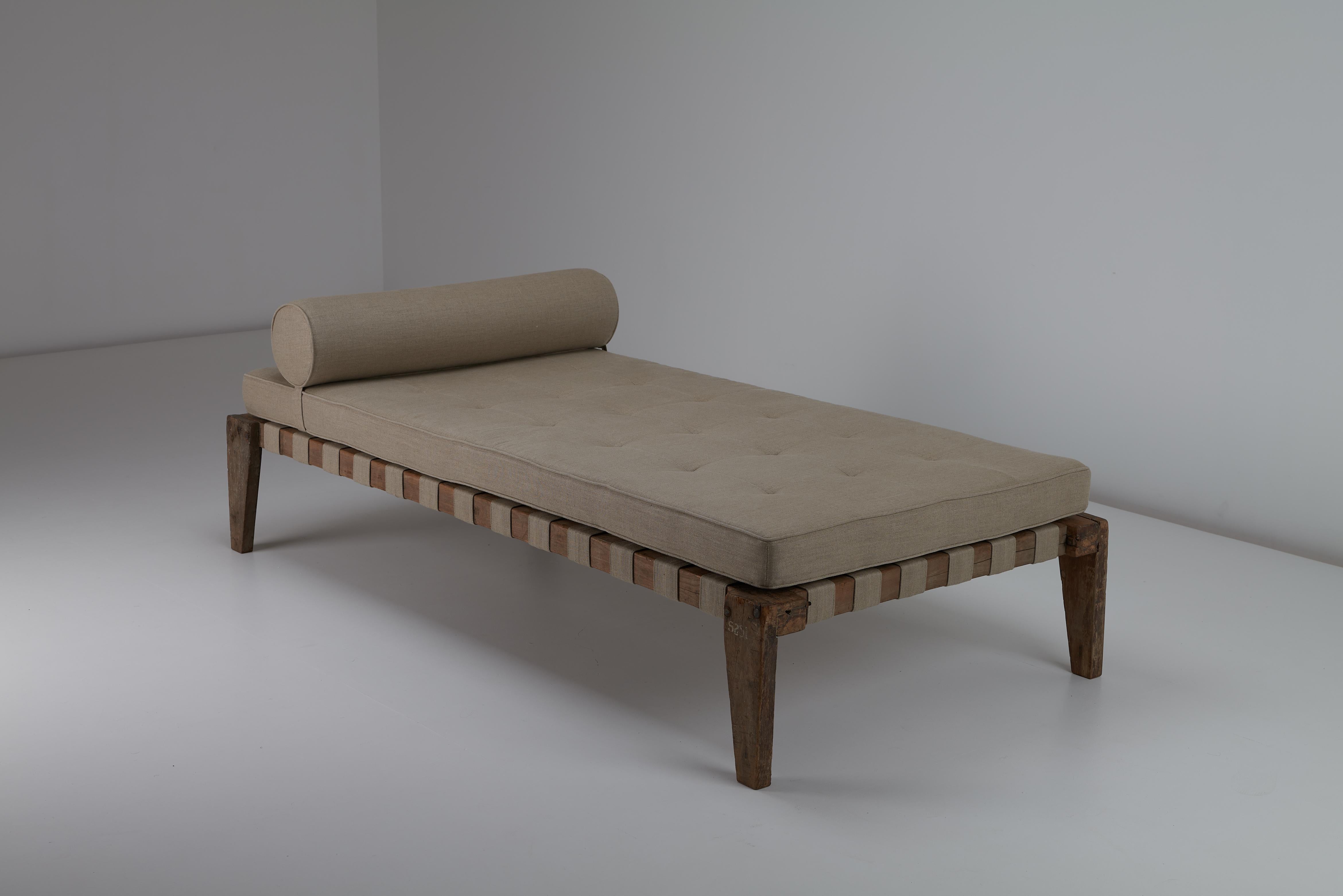 Indian Pierre Jeanneret, Demountable Daybed, Teak & Linen, Chandigarh, India c 1955/56