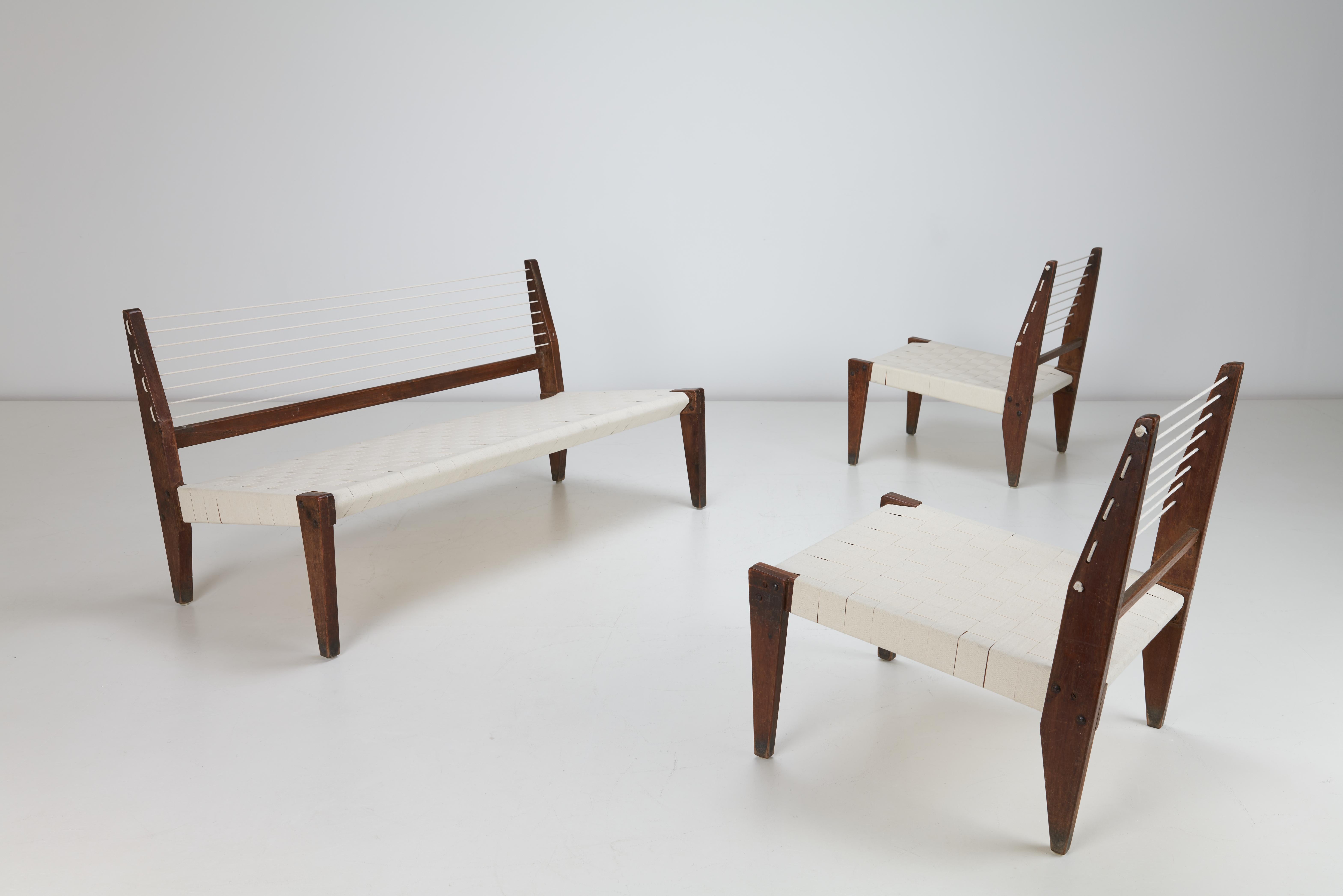 Indiano Set di sedie e divani in corda smontabile di Pierre Jeanneret, 1953, Chandigarh India in vendita