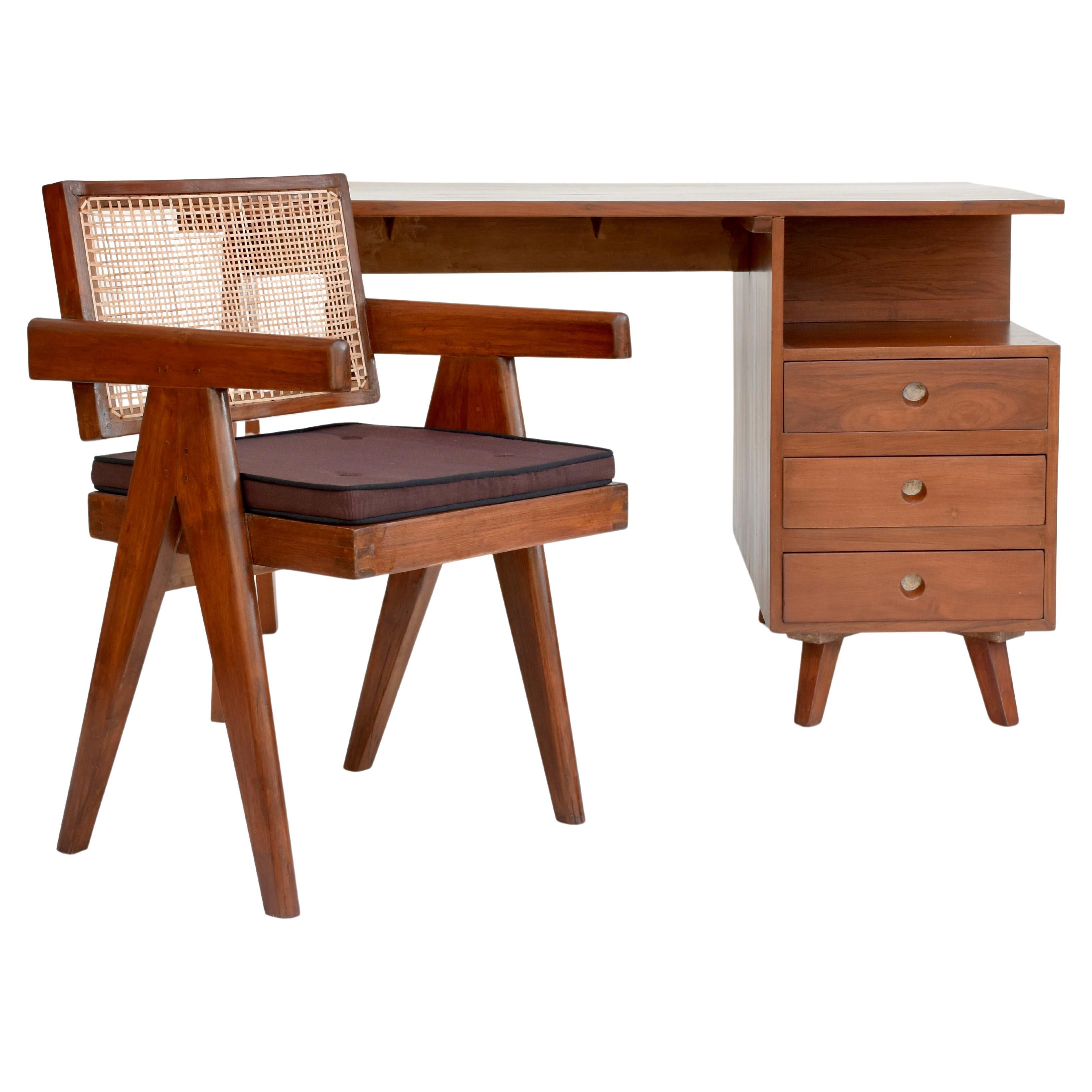 Mid-Century Modern Pierre Jeanneret Desk and Office Chair from Chandigarh For Sale