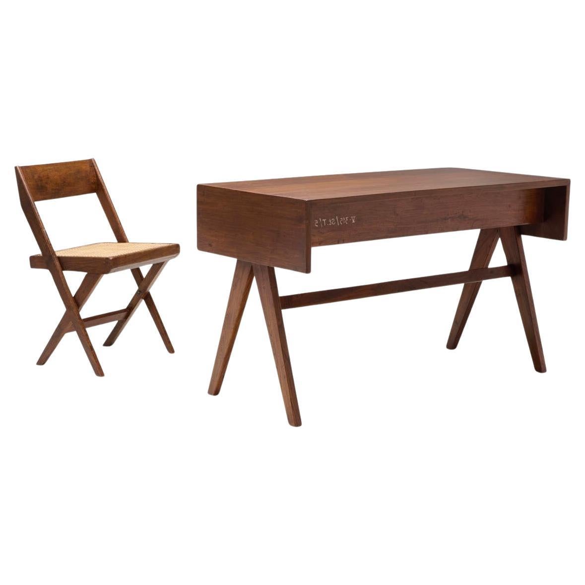 Mid-Century Modern Pierre Jeanneret Desk and Office Chair from Chandigarh For Sale