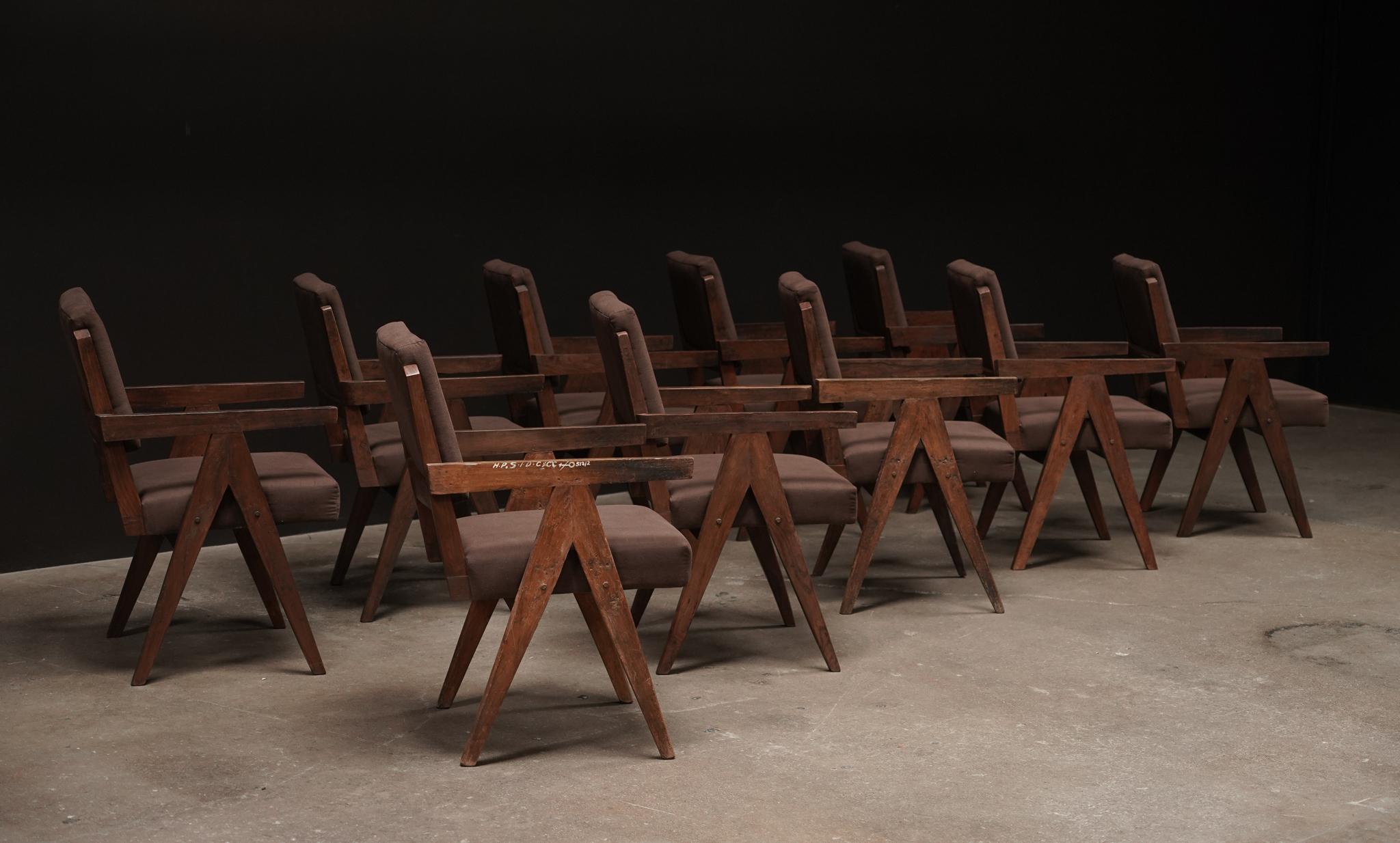 Indian Pierre Jeanneret Dining Arm Chairs, Set of 10