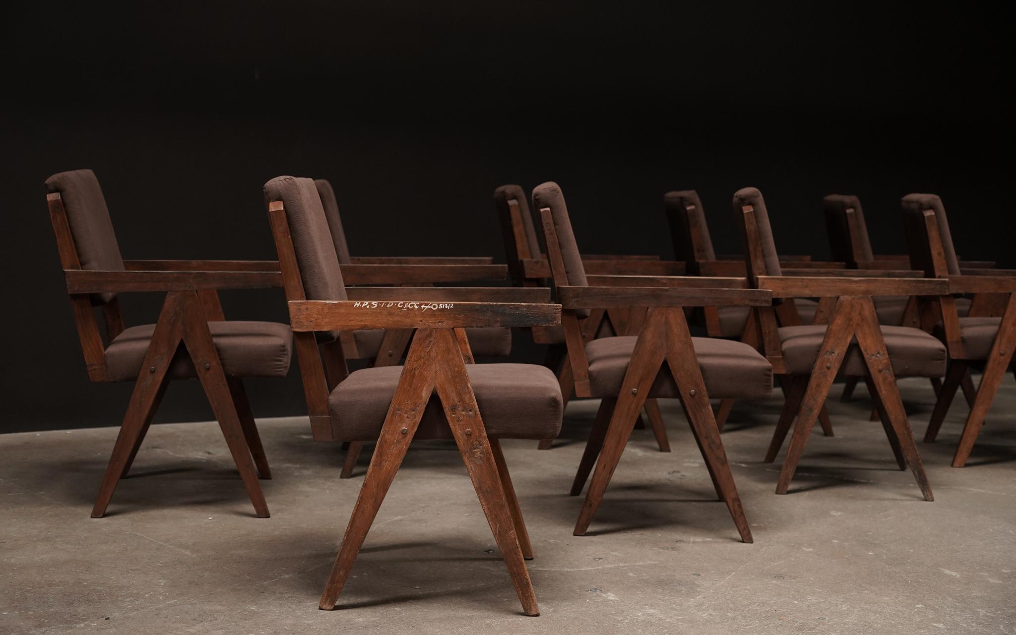 Hand-Crafted Pierre Jeanneret Dining Arm Chairs, Set of 10