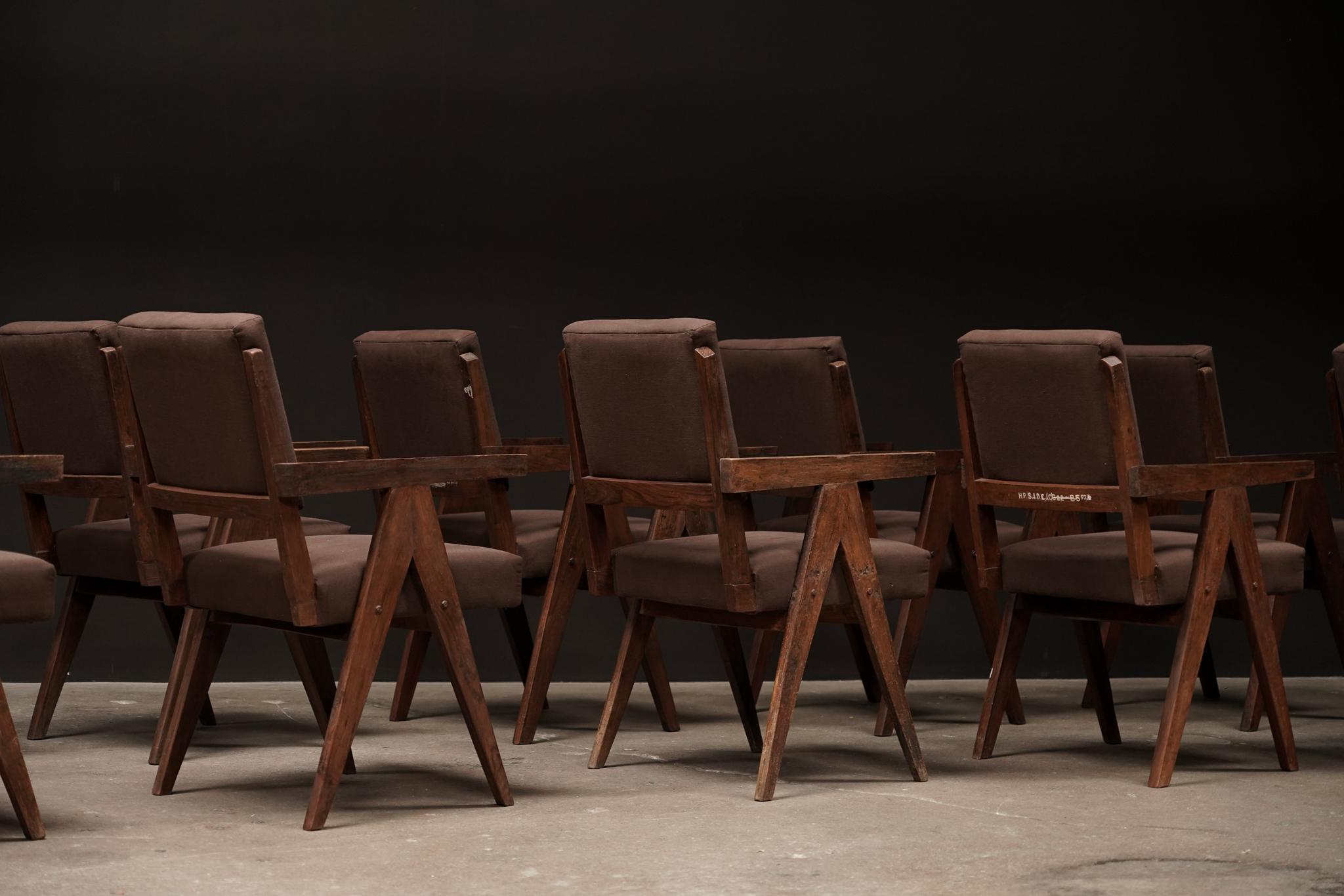 20th Century Pierre Jeanneret Dining Arm Chairs, Set of 10