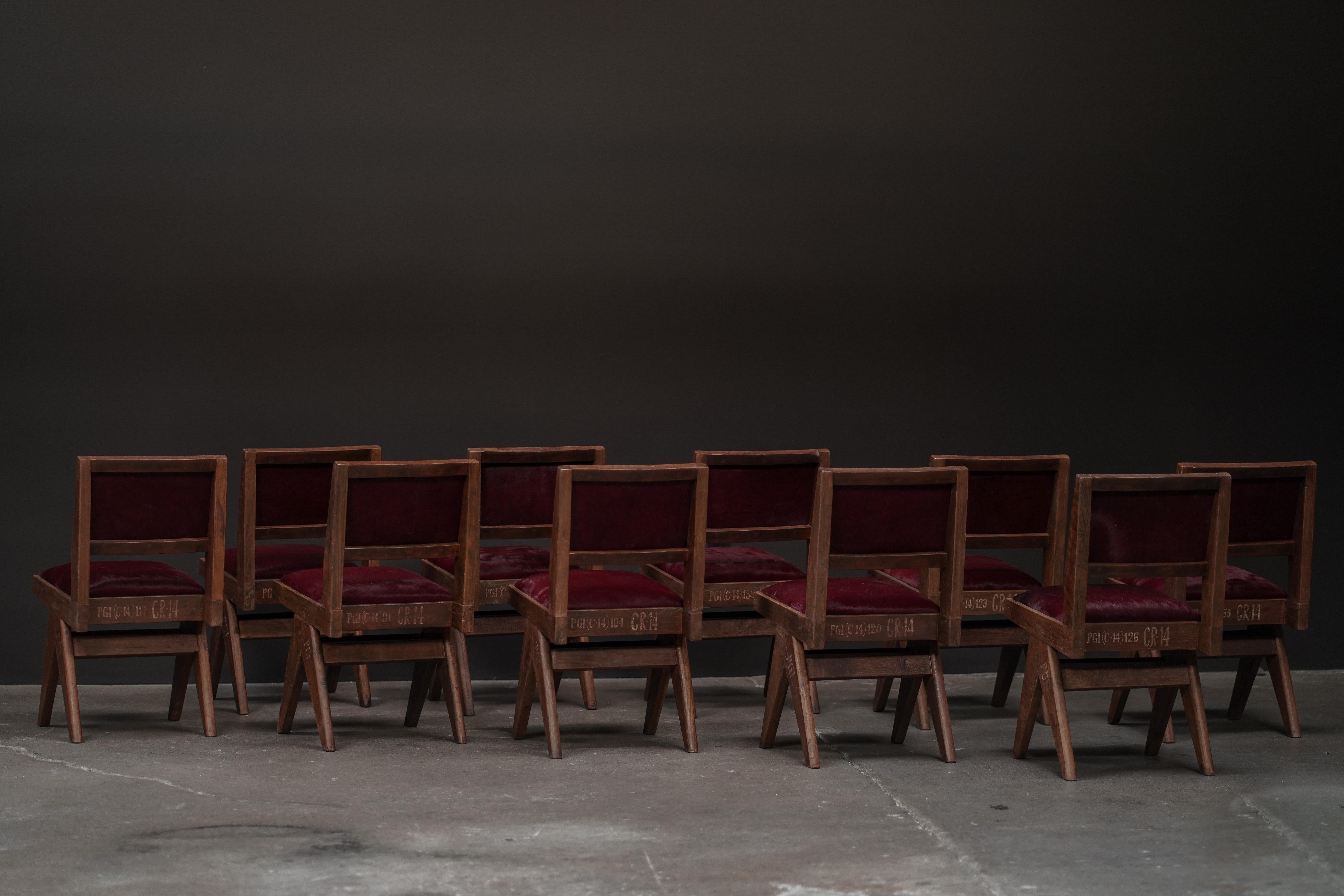 Indian Pierre Jeanneret Dining Chair in Burgundy Hide For Sale