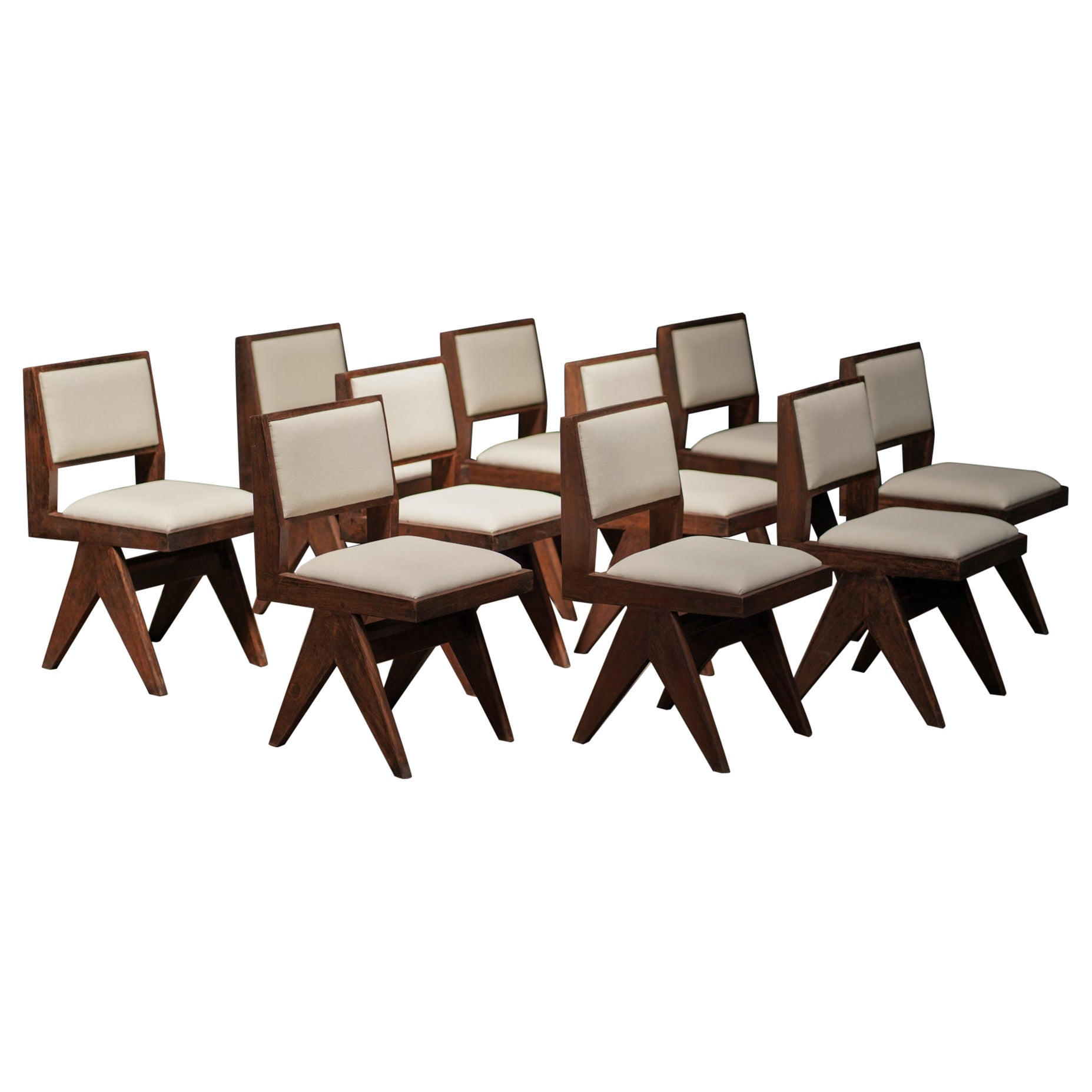 Pierre Jeanneret Teak Dining Chair with Linen Upholstery, 1950s Sector PAU