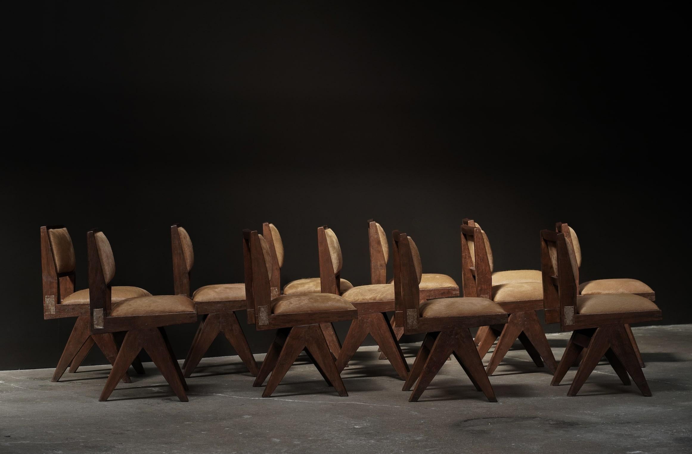 Esszimmerstühle von Pierre Jeanneret mit Metalldetails, 12er-Set aus Rindsleder in Whiskey-Kuhfell (Mitte des 20. Jahrhunderts) im Angebot