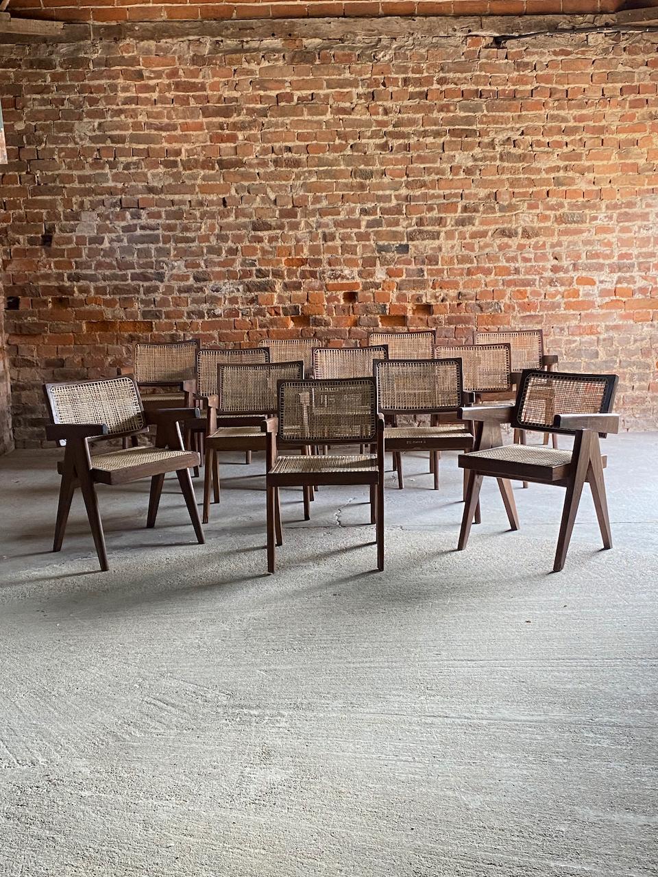Cane Pierre Jeanneret Dining Table & Twelve Chairs Teak Chandigarh, Circa 1963-1964