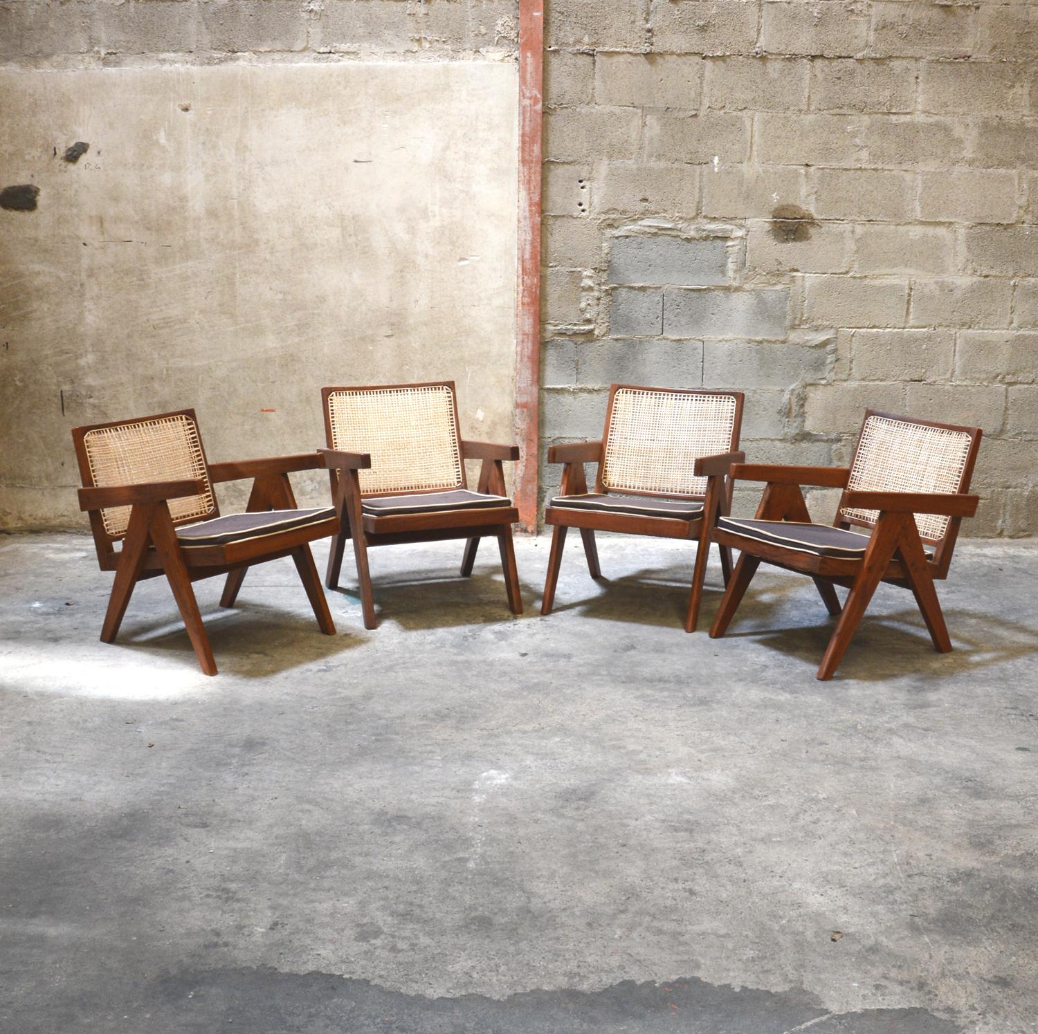 Pierre Jeanneret, exceptional set of 4 'Easy Armchairs' with original Lettering from an Administrative building in Chandigarh, India. 

2 armchairs have their original lettering (see photos). 
I bought these armchairs directly in Chandigarh in