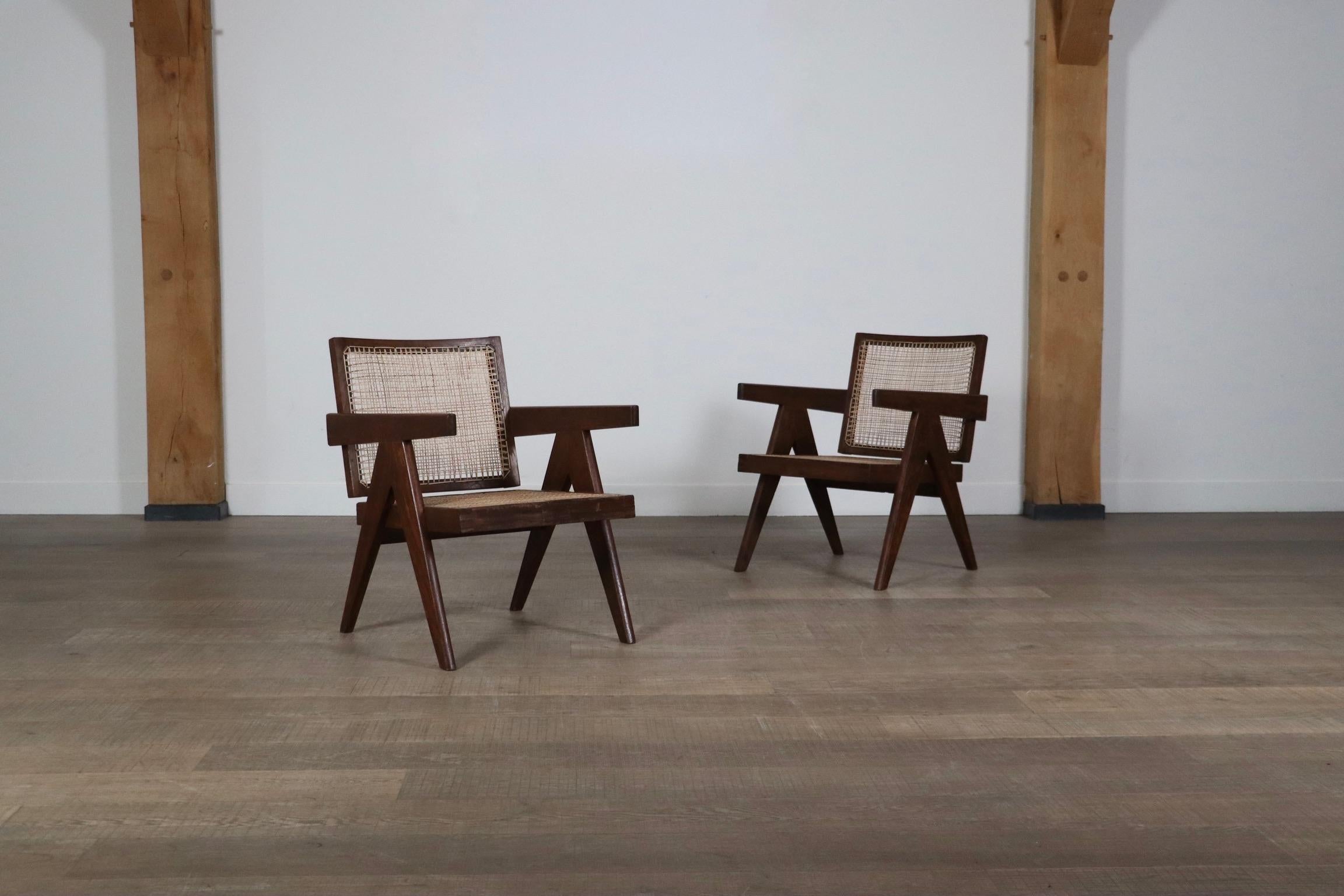 Mid-20th Century Pierre Jeanneret Floating back lounge chairs in teak and Cane, 1950s