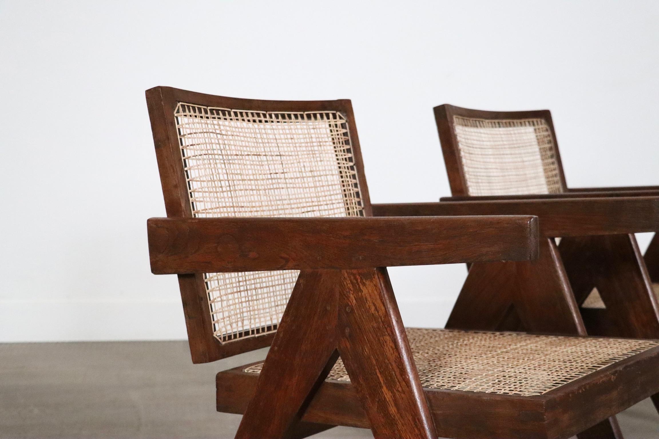 Pierre Jeanneret Floating back lounge chairs in teak and Cane, 1950s 2