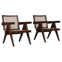 Pierre Jeanneret Floating back lounge chairs in teak and Cane, 1950s