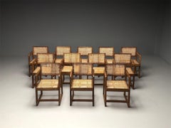 Pierre Jeanneret, French Mid-Century Modern, 12 Box Dining Chairs, Teak, Cane