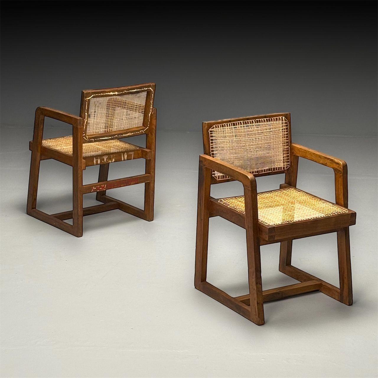Indian Pierre Jeanneret, French Mid-Century Modern, 12 Box Dining Chairs, Teak, Cane For Sale