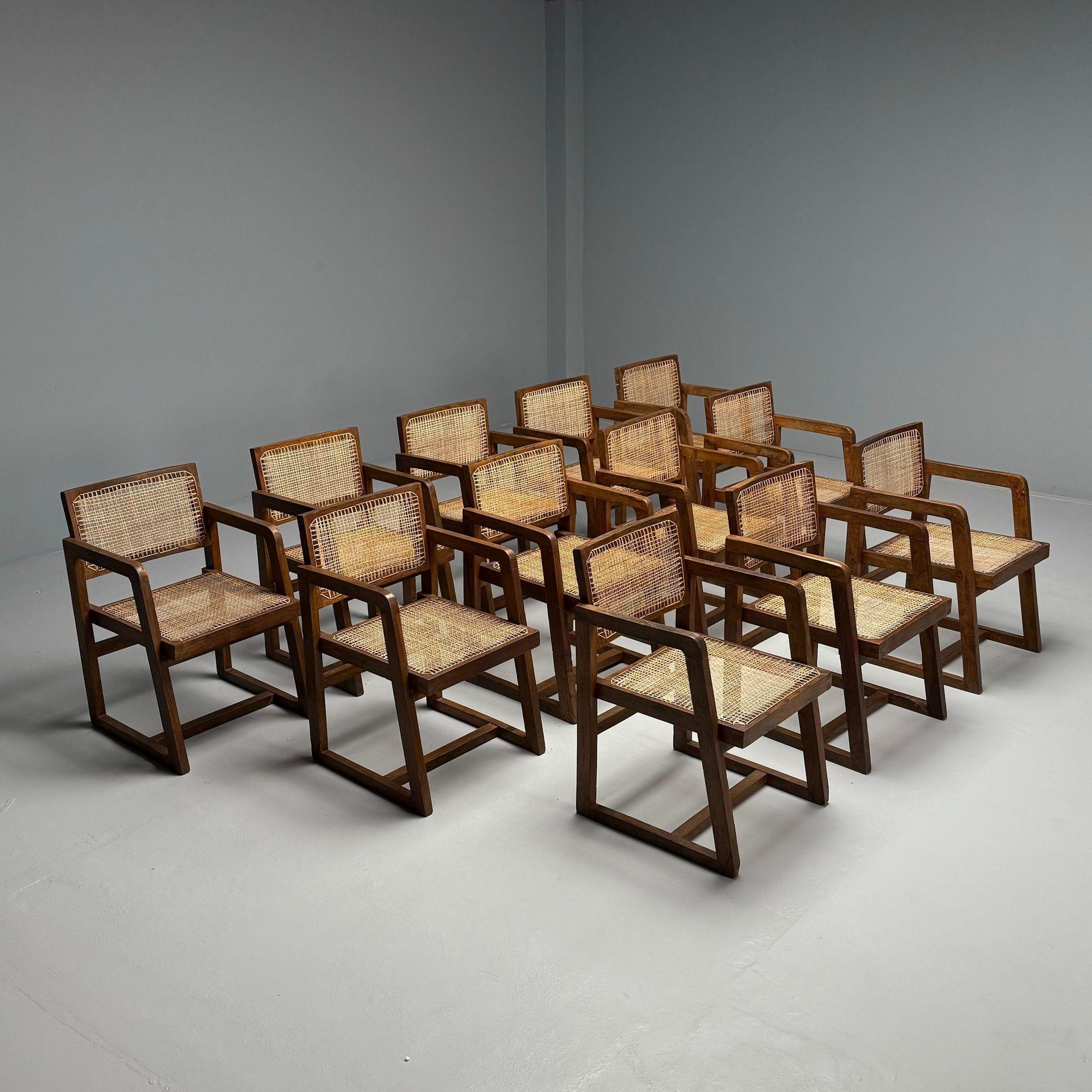 Pierre Jeanneret, French Mid-Century Modern, 12 Box Dining Chairs, Teak, Cane In Distressed Condition For Sale In Manhasset, NY