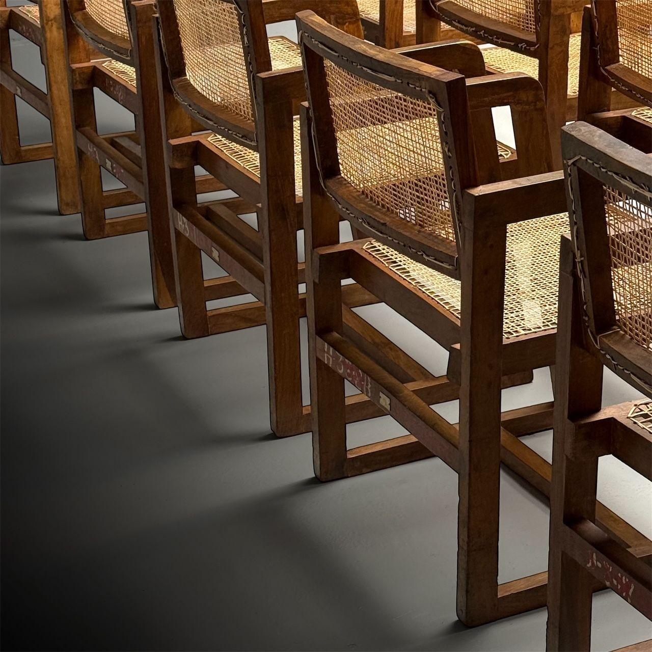 Pierre Jeanneret, French Mid-Century Modern, 12 Box Dining Chairs, Teak, Cane For Sale 1