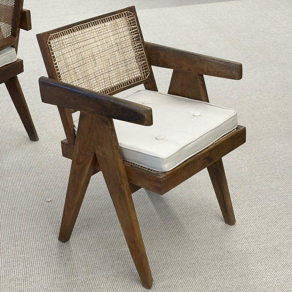 Pierre Jeanneret, French Mid-Century Modern, Office Chair, Model PJ-SI-28-B, Chandigarh c. 1960s

Single fixed back arm chairs in teak and cane featuring a compass type double leg assembly with a slightly curved backrest. This chair comes with a new