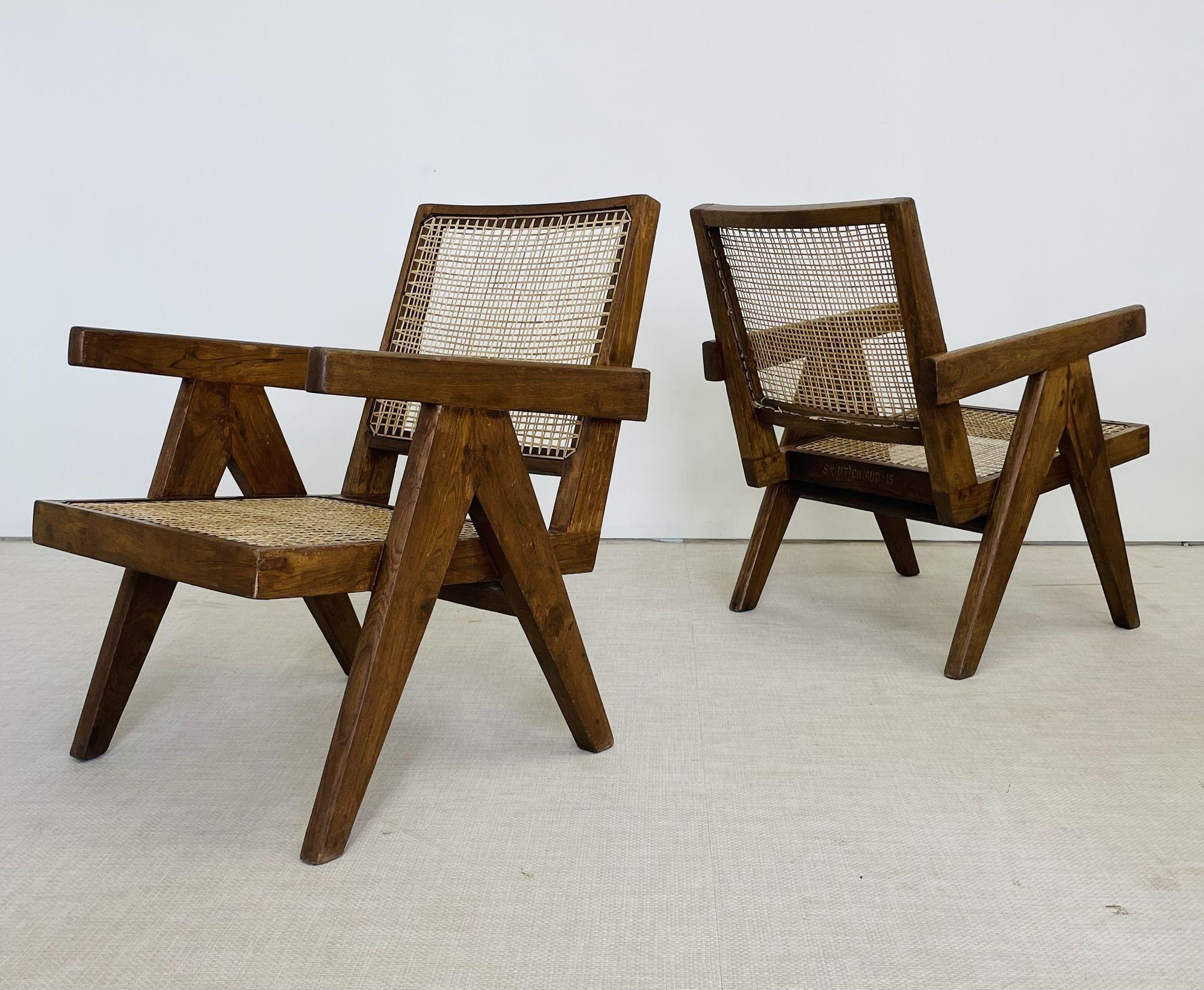 Pierre Jeanneret 'Low Easy' Armchairs, French Mid-Century Modern, Low Easy Lounge Chairs, Model PJ-SI-29-A

Pair of iconic low easy armchairs original from the mid-century time period from Chandigarh, India. Each example has a teak and cane
