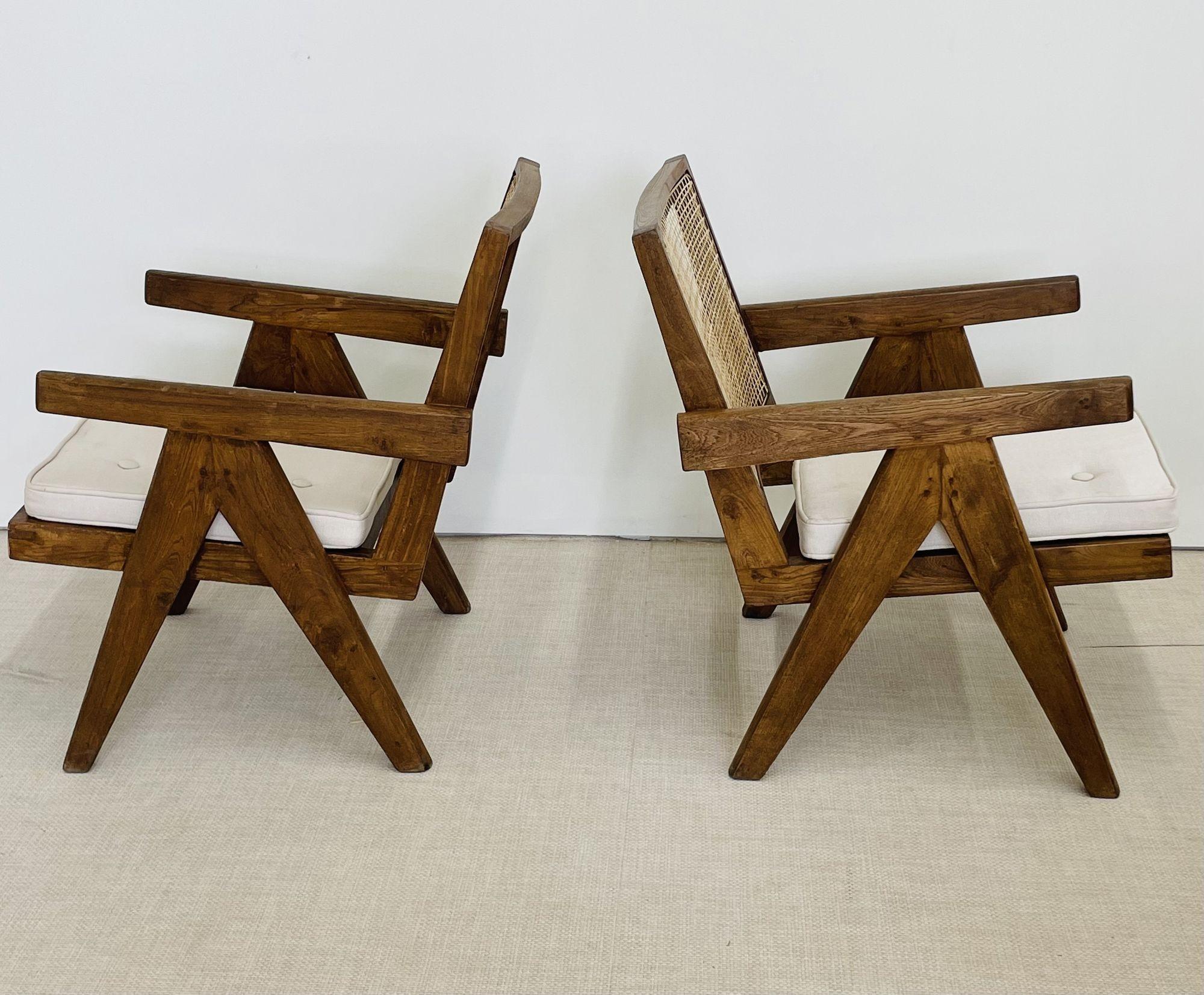 Cane Pierre Jeanneret, French Mid-Century Modern, Easy Armchairs, Teak, Chandigarh