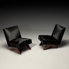 Pierre Jeanneret, French Mid-Century Modern, Slipper Chairs, Black Cowhide, Teak