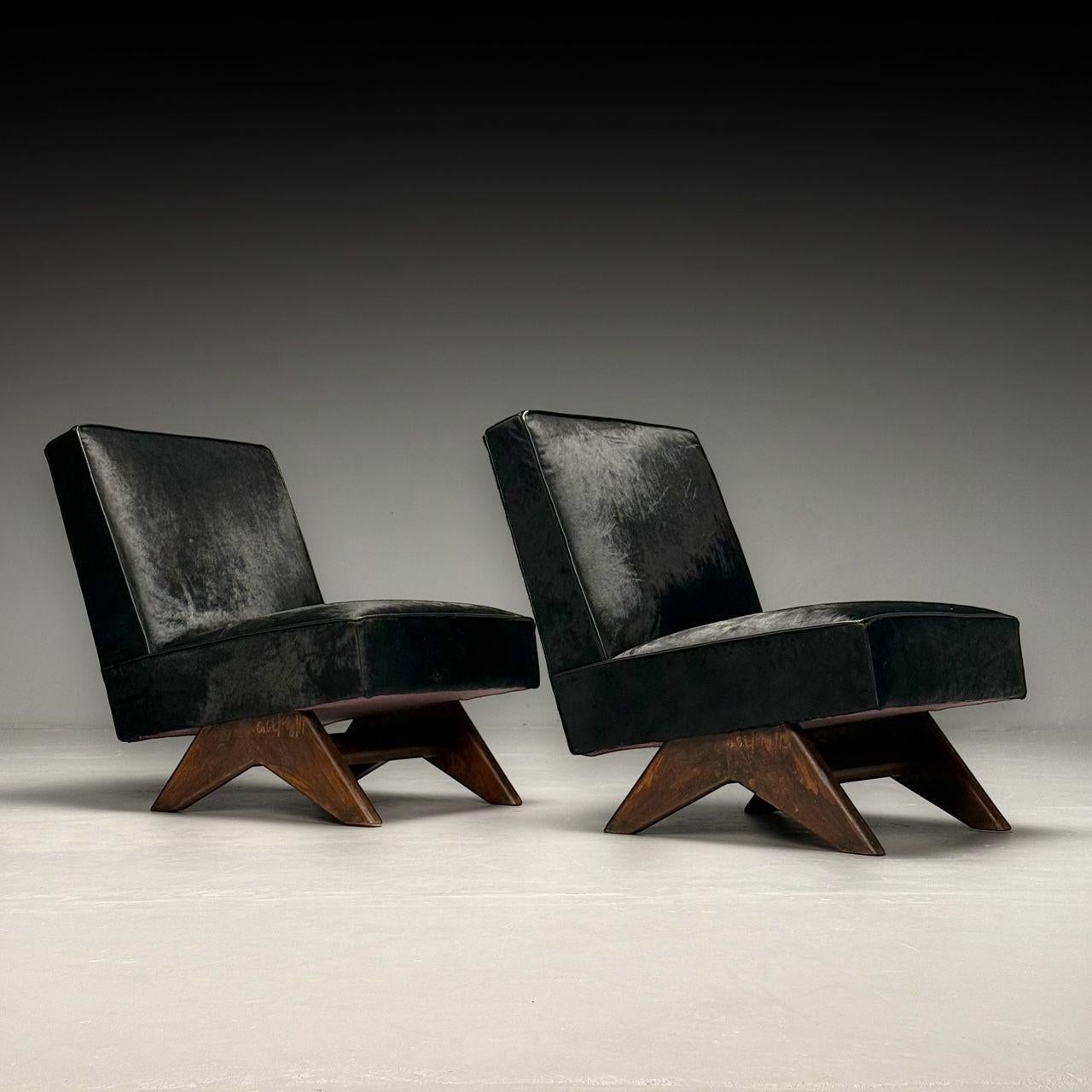 Mid-20th Century Pierre Jeanneret, French Mid-Century Modern, Slipper Chairs, Black Cowhide, Teak For Sale
