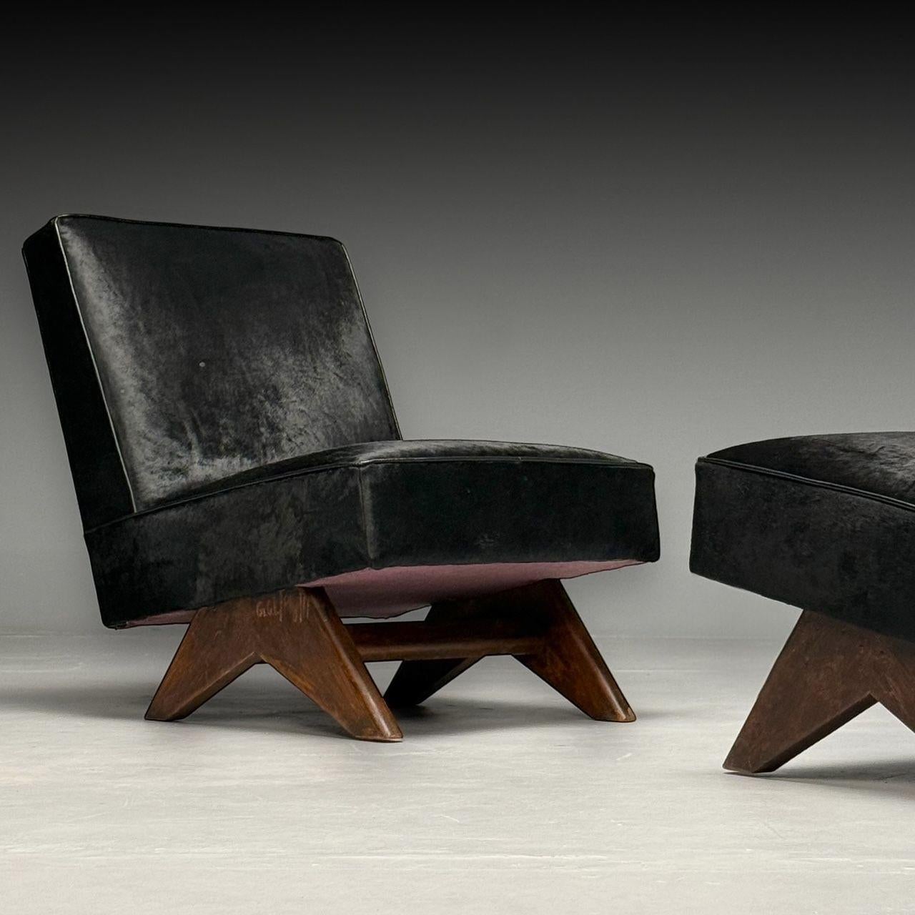 Pierre Jeanneret, French Mid-Century Modern, Slipper Chairs, Black Cowhide, Teak For Sale 1