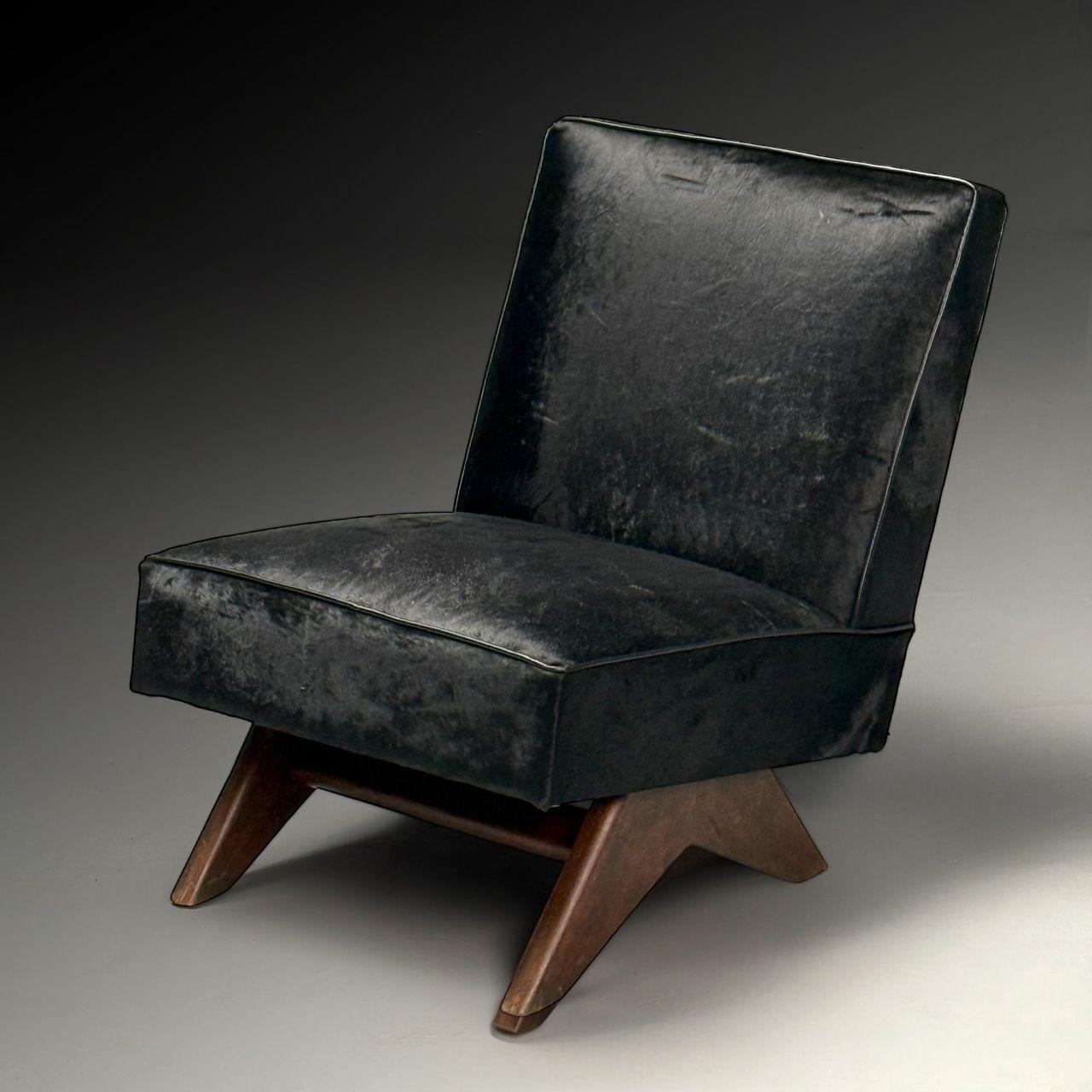 Pierre Jeanneret, French Mid-Century Modern, Slipper Chairs, Black Cowhide, Teak For Sale 2