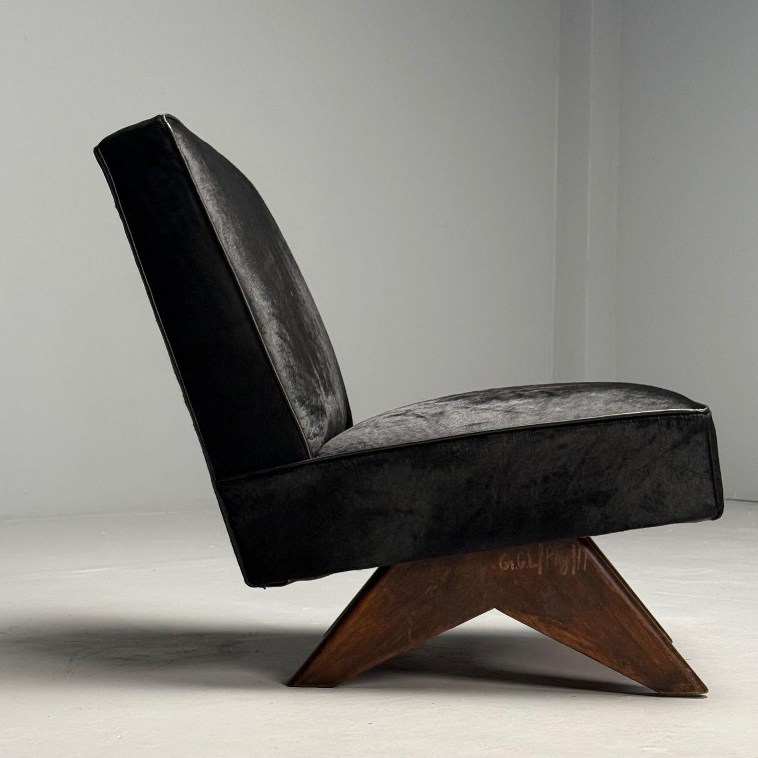 Pierre Jeanneret, French Mid-Century Modern, Slipper Chairs, Black Cowhide, Teak For Sale 3