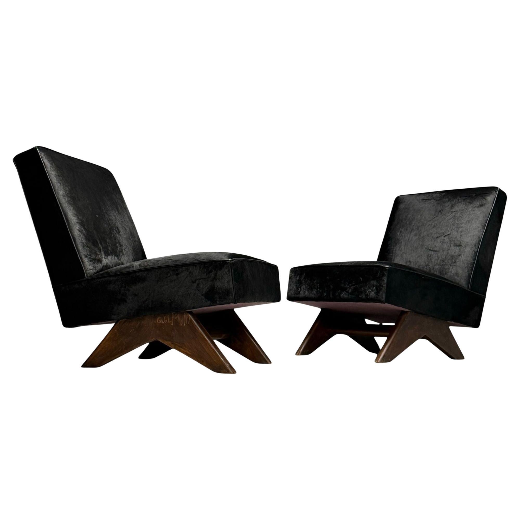 Pierre Jeanneret, French Mid-Century Modern, Slipper Chairs, Black Cowhide, Teak For Sale